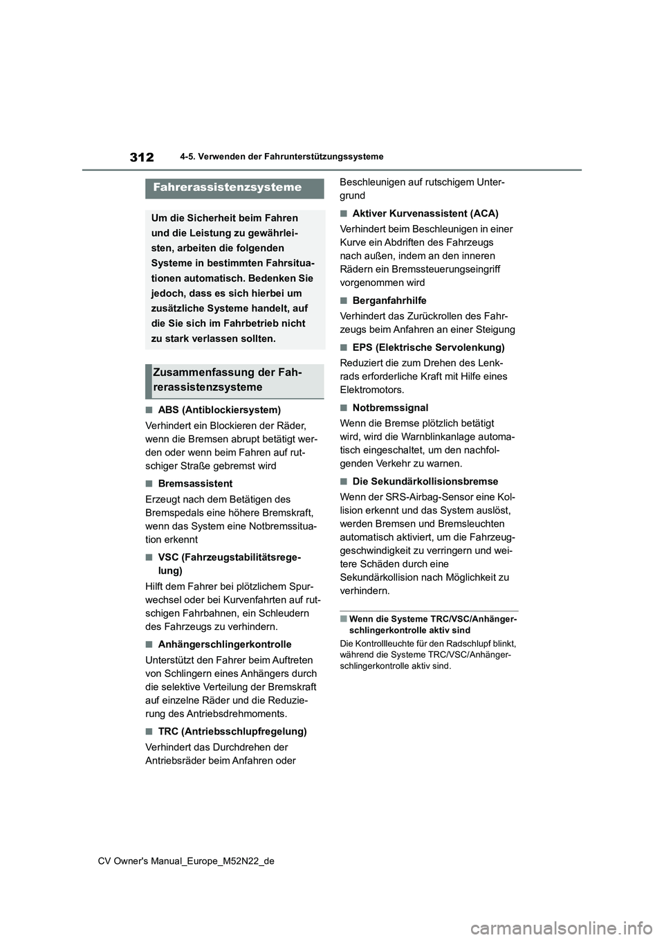 TOYOTA YARIS CROSS 2022 Betriebsanleitungen (in German) 312
CV Owner's Manual_Europe_M52N22_de
4-5. Verwenden der Fahrunterstützungssysteme
■ABS (Antiblockiersystem)
Verhindert ein Blockieren der Räder,
wenn die Bremsen abrupt betätigt wer-
den TOYOTA YARIS CROSS 2022 Betriebsanleitungen (in German) 312
CV Owner's Manual_Europe_M52N22_de
4-5. Verwenden der Fahrunterstützungssysteme
■ABS (Antiblockiersystem)
Verhindert ein Blockieren der Räder,
wenn die Bremsen abrupt betätigt wer-
den