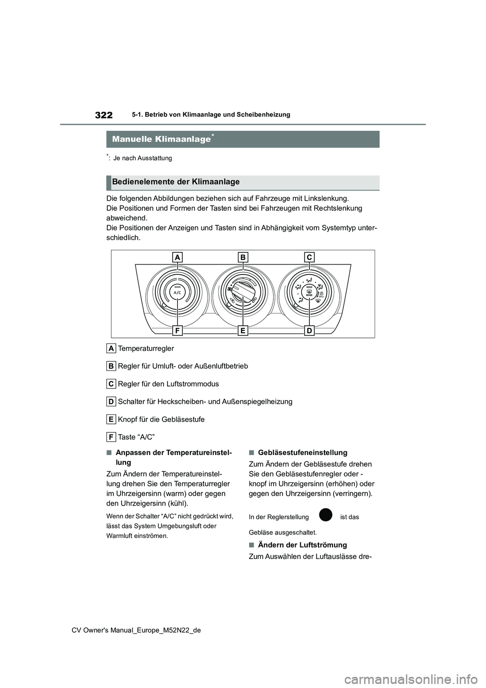TOYOTA YARIS CROSS 2022 Betriebsanleitungen (in German) 322
CV Owner's Manual_Europe_M52N22_de
5-1. Betrieb von Klimaanlage und Scheibenheizung
5-1.Betrieb von Klimaa nla ge und Sch eib enheizu ng
*: Je nach Ausstattung
Die folgenden Abbildungen bezieh TOYOTA YARIS CROSS 2022 Betriebsanleitungen (in German) 322
CV Owner's Manual_Europe_M52N22_de
5-1. Betrieb von Klimaanlage und Scheibenheizung
5-1.Betrieb von Klimaa nla ge und Sch eib enheizu ng
*: Je nach Ausstattung
Die folgenden Abbildungen bezieh