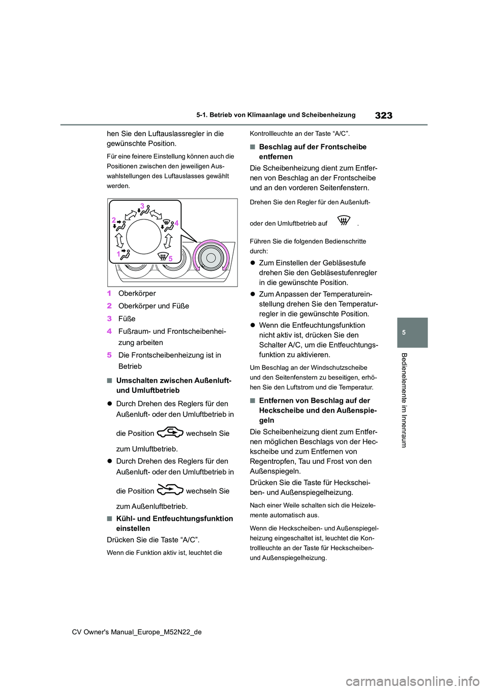 TOYOTA YARIS CROSS 2022 Betriebsanleitungen (in German) 323
5
CV Owner's Manual_Europe_M52N22_de
5-1. Betrieb von Klimaanlage und Scheibenheizung
Bedienelemente im Innenraum
hen Sie den Luftauslassregler in die
gewünschte Position.
Für eine feinere TOYOTA YARIS CROSS 2022 Betriebsanleitungen (in German) 323
5
CV Owner's Manual_Europe_M52N22_de
5-1. Betrieb von Klimaanlage und Scheibenheizung
Bedienelemente im Innenraum
hen Sie den Luftauslassregler in die
gewünschte Position.
Für eine feinere