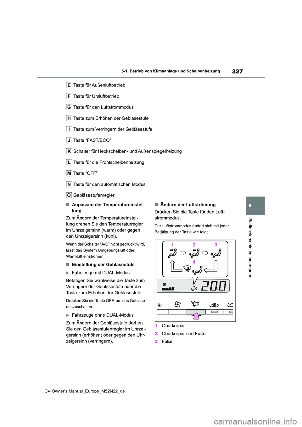 TOYOTA YARIS CROSS 2022 Betriebsanleitungen (in German) 327
5
CV Owner's Manual_Europe_M52N22_de
5-1. Betrieb von Klimaanlage und Scheibenheizung
Bedienelemente im Innenraum
Taste für Außenluftbetrieb
Taste für Umluftbetrieb
Taste für den Luftstro TOYOTA YARIS CROSS 2022 Betriebsanleitungen (in German) 327
5
CV Owner's Manual_Europe_M52N22_de
5-1. Betrieb von Klimaanlage und Scheibenheizung
Bedienelemente im Innenraum
Taste für Außenluftbetrieb
Taste für Umluftbetrieb
Taste für den Luftstro