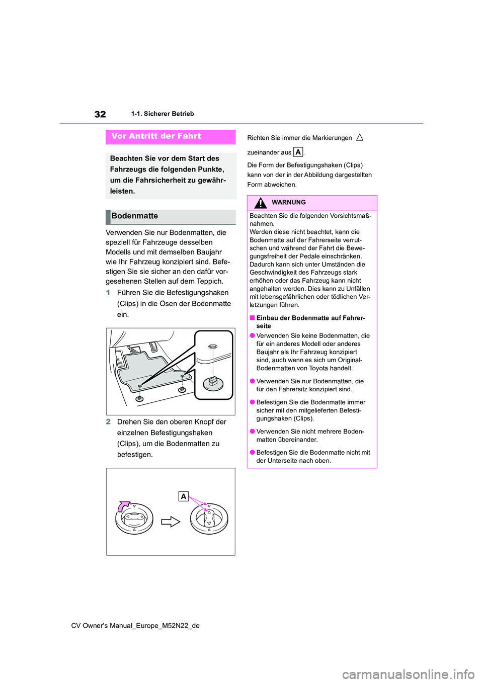 TOYOTA YARIS CROSS 2022  Betriebsanleitungen (in German) 32
CV Owner's Manual_Europe_M52N22_de
1-1. Sicherer Betrieb
1-1.Sicherer Betrieb
Verwenden Sie nur Bodenmatten, die  
speziell für Fahrzeuge desselben 
Modells und mit demselben Baujahr 
wie Ihr 