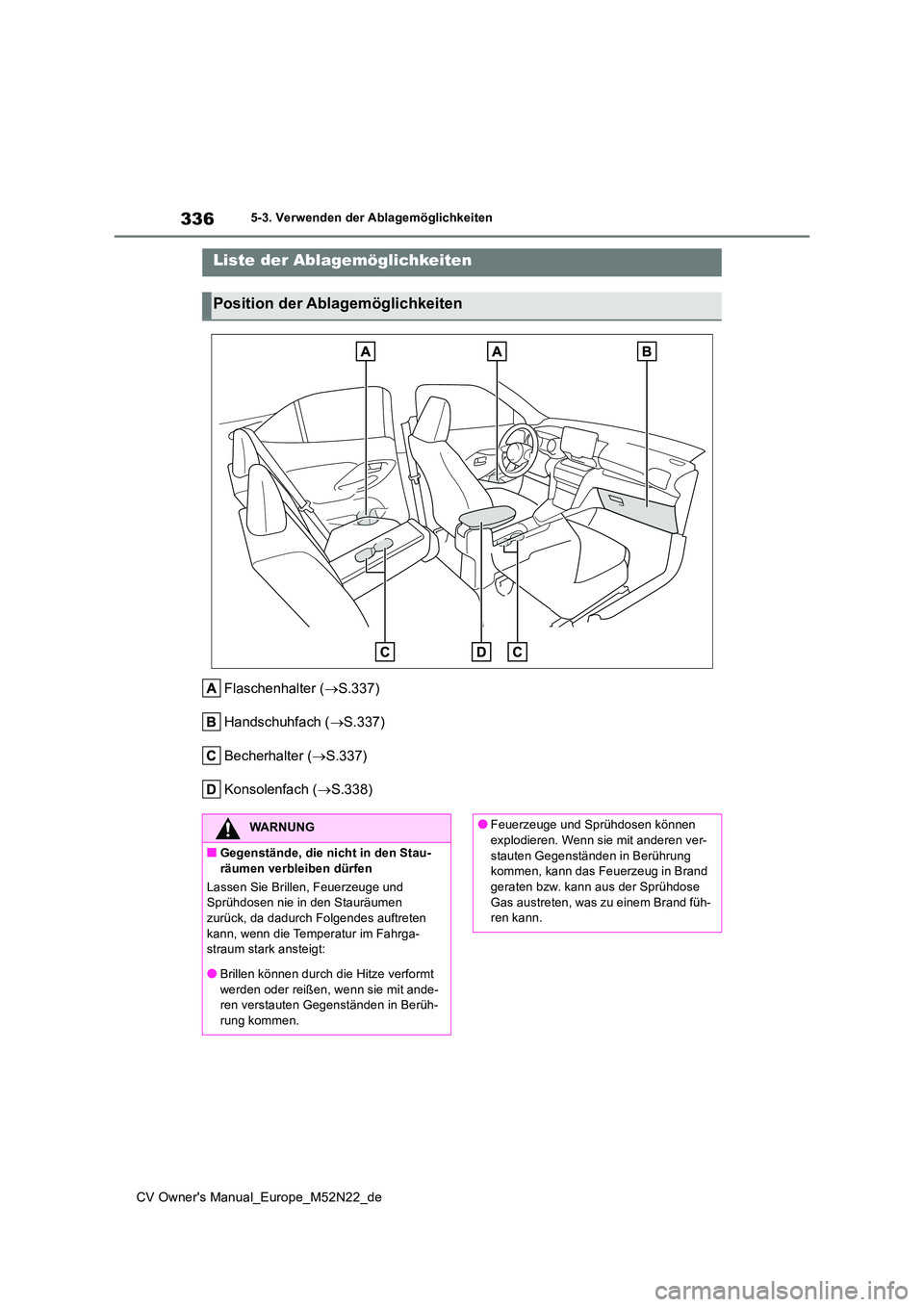 TOYOTA YARIS CROSS 2022 Betriebsanleitungen (in German) 336
CV Owner's Manual_Europe_M52N22_de
5-3. Verwenden der Ablagemöglichkeiten
5-3.Verwende n d er Ab lag emöglic hkeite n
Flaschenhalter (S.337)
Handschuhfach ( S.337)
Becherhalter ( TOYOTA YARIS CROSS 2022 Betriebsanleitungen (in German) 336
CV Owner's Manual_Europe_M52N22_de
5-3. Verwenden der Ablagemöglichkeiten
5-3.Verwende n d er Ab lag emöglic hkeite n
Flaschenhalter (S.337)
Handschuhfach ( S.337)
Becherhalter ( 