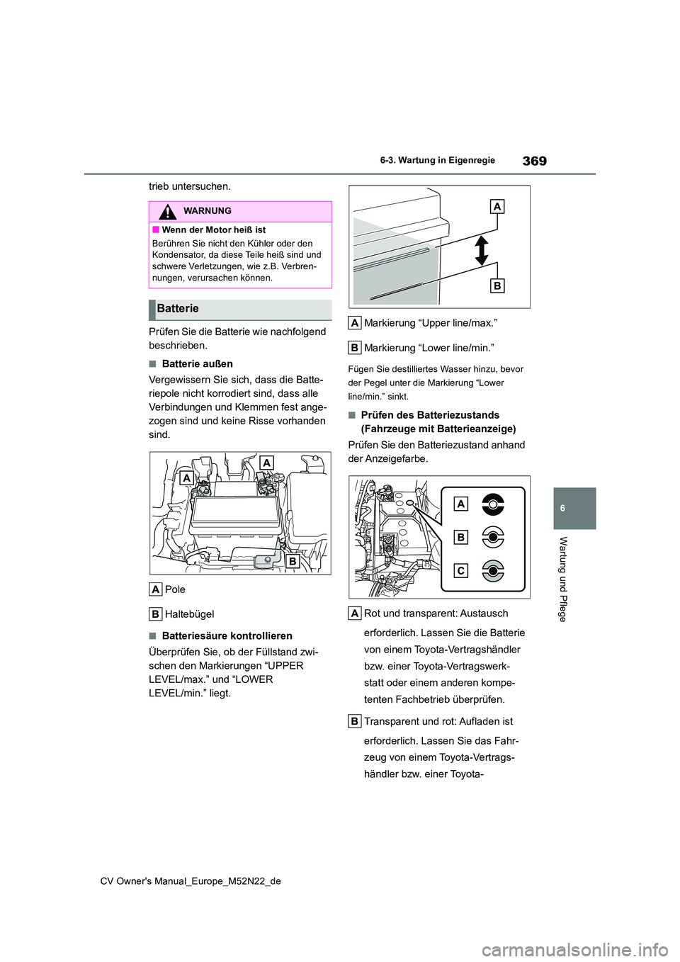 TOYOTA YARIS CROSS 2022 Betriebsanleitungen (in German) 369
6
CV Owner's Manual_Europe_M52N22_de
6-3. Wartung in Eigenregie
Wartung und Pflege
trieb untersuchen.
Prüfen Sie die Batterie wie nachfolgend
beschrieben.
■Batterie außen
Vergewissern TOYOTA YARIS CROSS 2022 Betriebsanleitungen (in German) 369
6
CV Owner's Manual_Europe_M52N22_de
6-3. Wartung in Eigenregie
Wartung und Pflege
trieb untersuchen.
Prüfen Sie die Batterie wie nachfolgend
beschrieben.
■Batterie außen
Vergewissern