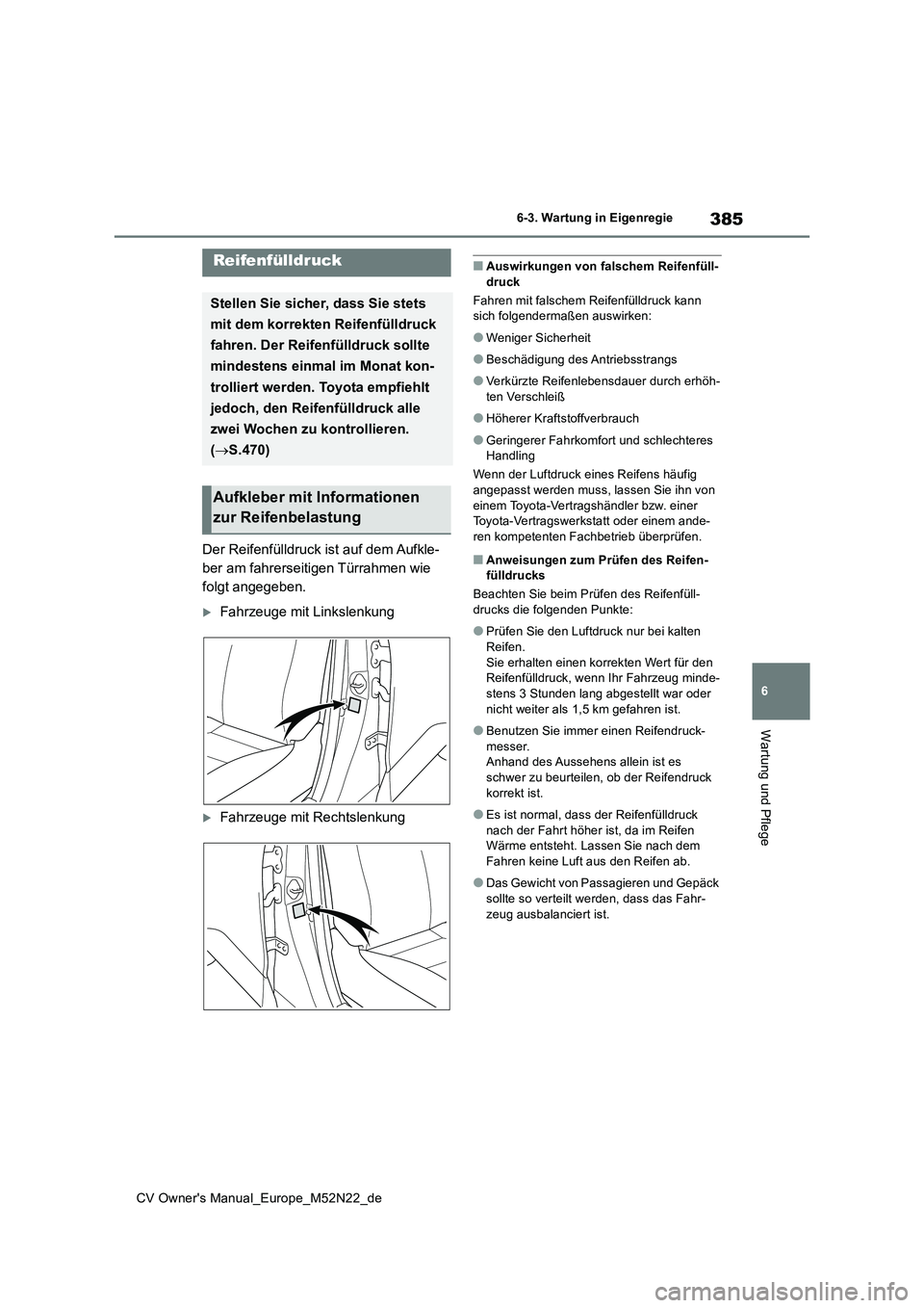 TOYOTA YARIS CROSS 2022 Betriebsanleitungen (in German) 385
6
CV Owner's Manual_Europe_M52N22_de
6-3. Wartung in Eigenregie
Wartung und Pflege
Der Reifenfülldruck ist auf dem Aufkle-
ber am fahrerseitigen Türrahmen wie
folgt angegeben.
Fahrzeuge TOYOTA YARIS CROSS 2022 Betriebsanleitungen (in German) 385
6
CV Owner's Manual_Europe_M52N22_de
6-3. Wartung in Eigenregie
Wartung und Pflege
Der Reifenfülldruck ist auf dem Aufkle-
ber am fahrerseitigen Türrahmen wie
folgt angegeben.
Fahrzeuge