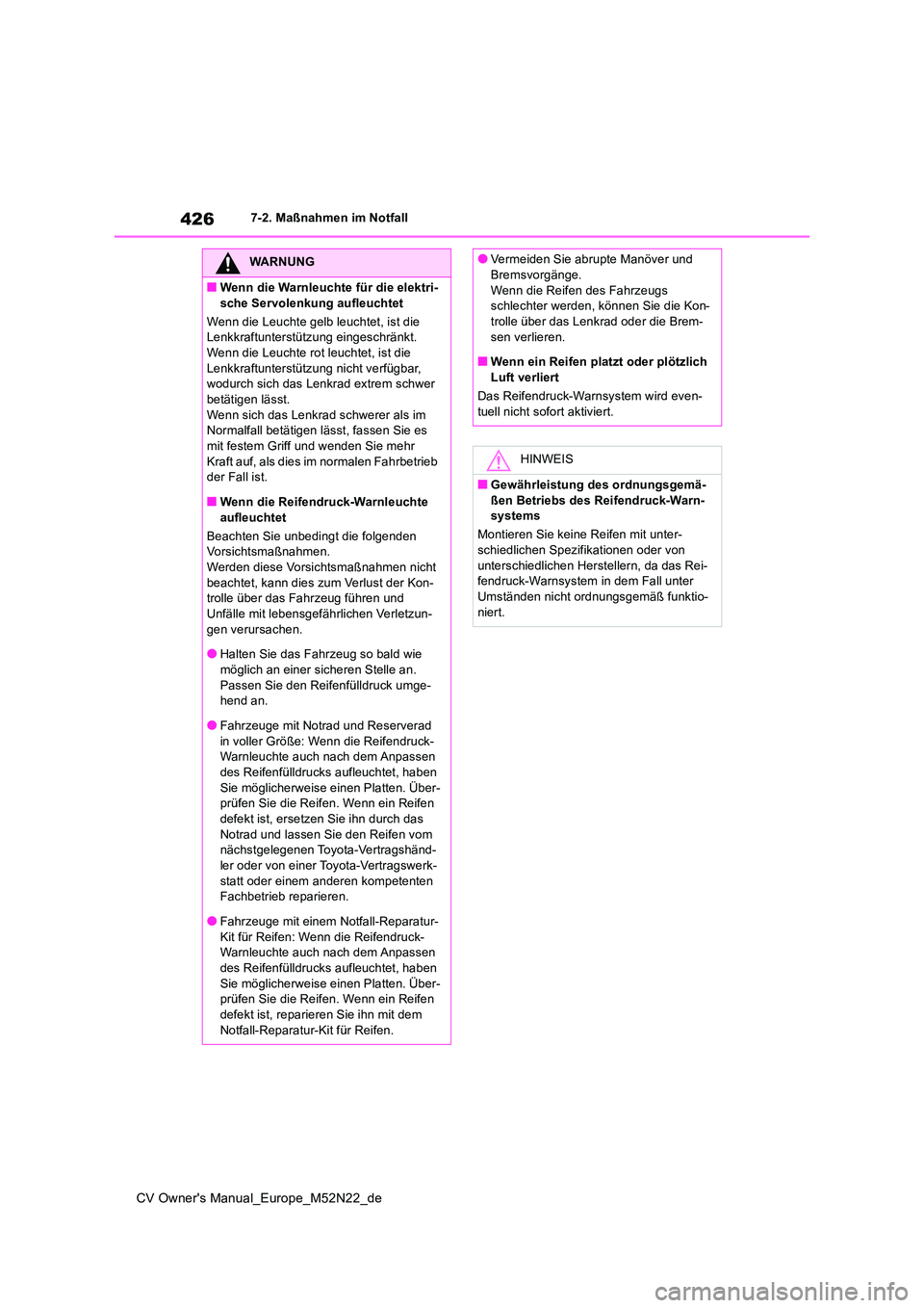 TOYOTA YARIS CROSS 2022  Betriebsanleitungen (in German) 426
CV Owner's Manual_Europe_M52N22_de
7-2. Maßnahmen im Notfall
WARNUNG
■Wenn die Warnleuchte für die elektri- 
sche Servolenkung aufleuchtet 
Wenn die Leuchte gelb leuchtet, ist die  Lenkkra