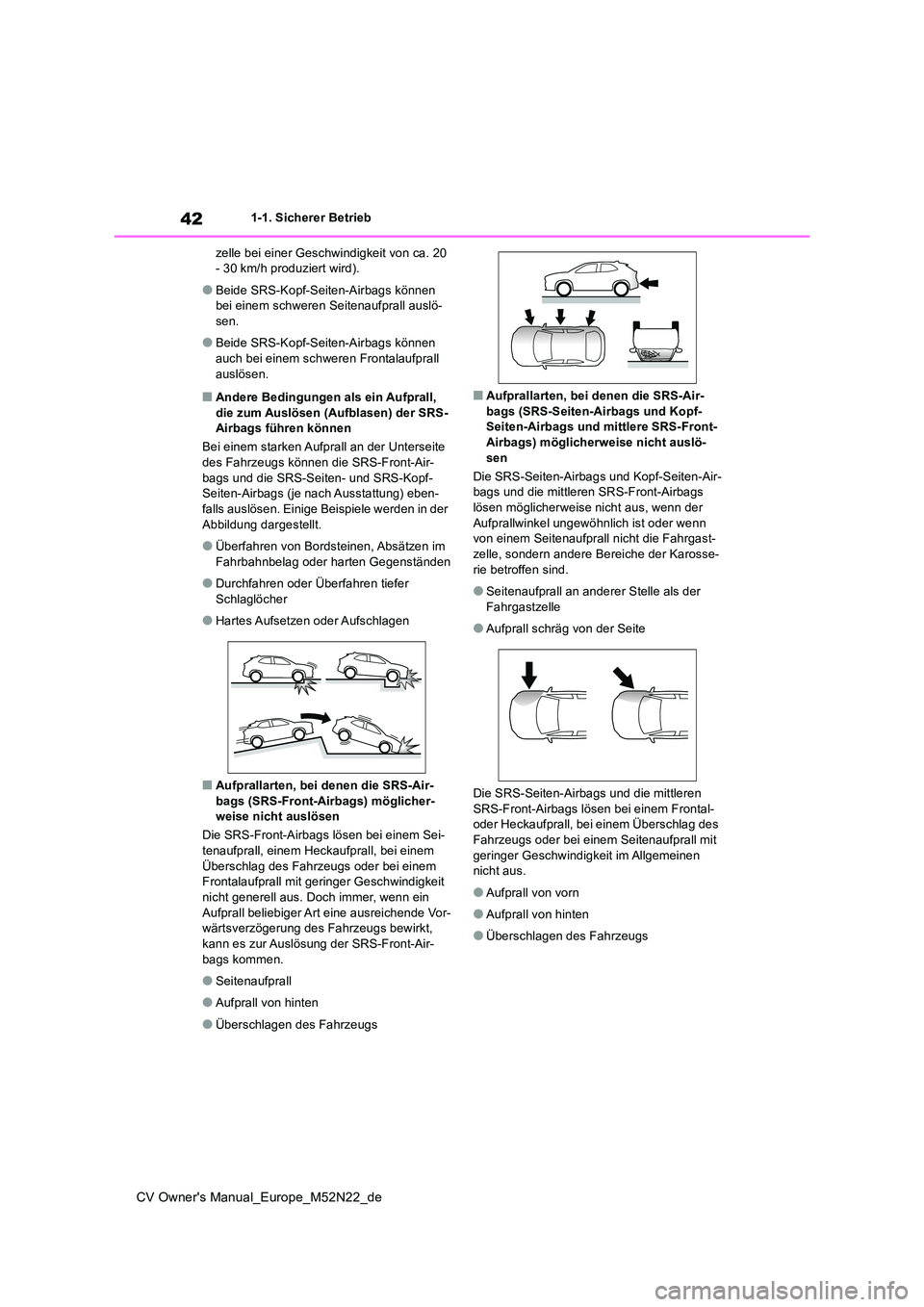 TOYOTA YARIS CROSS 2022  Betriebsanleitungen (in German) 42
CV Owner's Manual_Europe_M52N22_de
1-1. Sicherer Betrieb 
zelle bei einer Geschwindigkeit von ca. 20  - 30 km/h produziert wird).
●Beide SRS-Kopf-Seiten-Airbags können bei einem schweren Sei