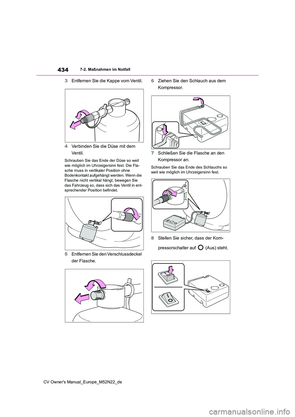 TOYOTA YARIS CROSS 2022  Betriebsanleitungen (in German) 434
CV Owner's Manual_Europe_M52N22_de
7-2. Maßnahmen im Notfall
3Entfernen Sie die Kappe vom Ventil. 
4 Verbinden Sie die Düse mit dem  
Ve nt i l.
Schrauben Sie das Ende der Düse so weit  wie