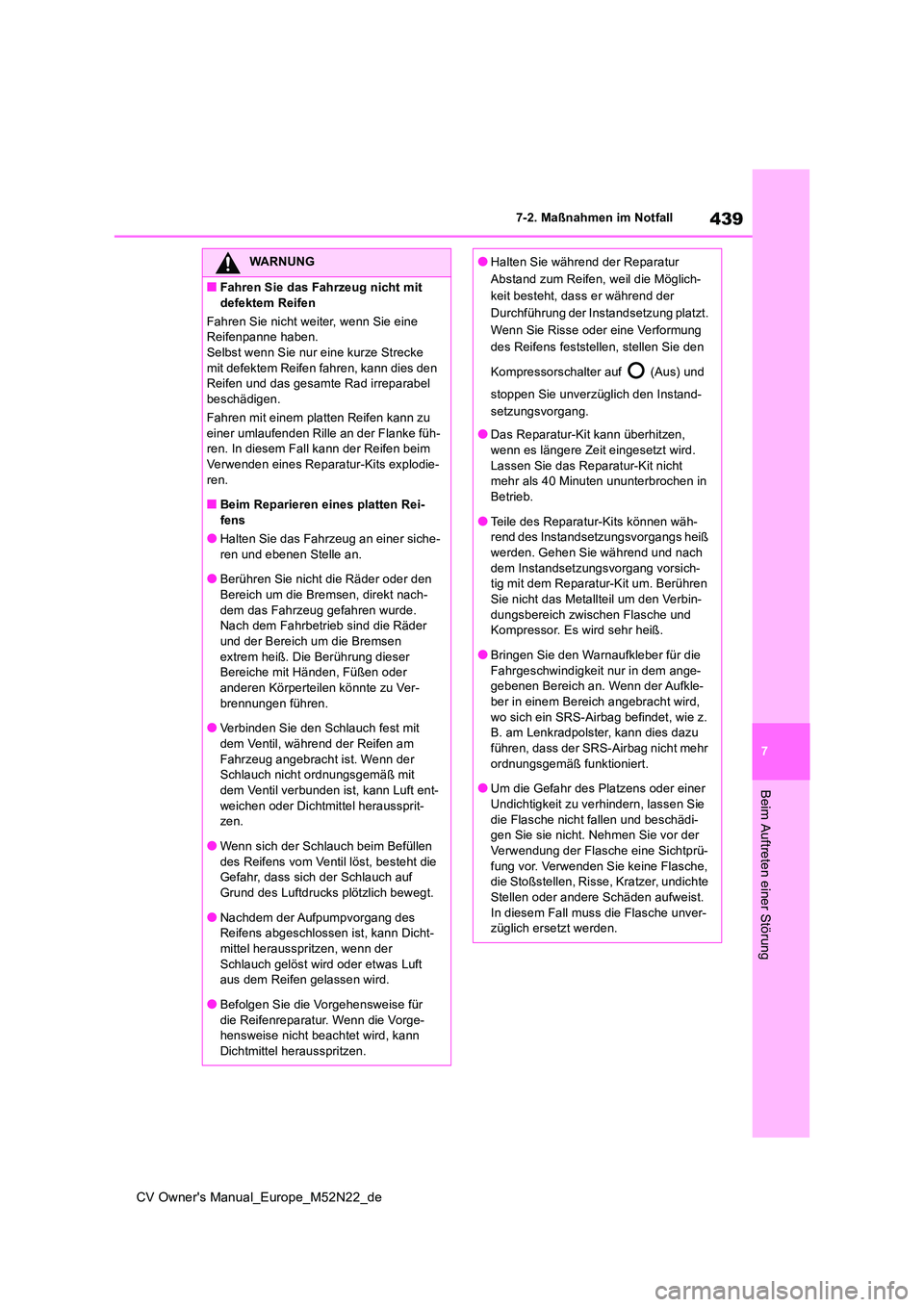 TOYOTA YARIS CROSS 2022  Betriebsanleitungen (in German) 439
7
CV Owner's Manual_Europe_M52N22_de
7-2. Maßnahmen im Notfall
Beim Auftreten einer Störung
WARNUNG
■Fahren Sie das Fahrzeug nicht mit  
defektem Reifen 
Fahren Sie nicht weiter, wenn Sie 