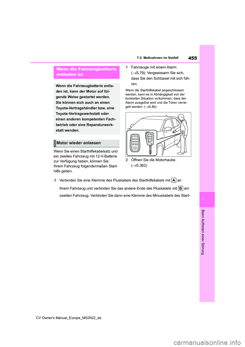 TOYOTA YARIS CROSS 2022  Betriebsanleitungen (in German) 455
7
CV Owner's Manual_Europe_M52N22_de
7-2. Maßnahmen im Notfall
Beim Auftreten einer Störung
Wenn Sie einen Starthilfekabelsatz und  
ein zweites Fahrzeug mit 12-V-Batterie 
zur Verfügung ha