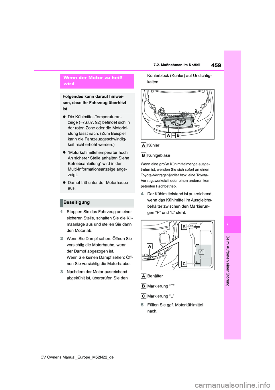 TOYOTA YARIS CROSS 2022 Betriebsanleitungen (in German) 459
7
CV Owner's Manual_Europe_M52N22_de
7-2. Maßnahmen im Notfall
Beim Auftreten einer Störung
1Stoppen Sie das Fahrzeug an einer
sicheren Stelle, schalten Sie die Kli-
maanlage aus und stel TOYOTA YARIS CROSS 2022 Betriebsanleitungen (in German) 459
7
CV Owner's Manual_Europe_M52N22_de
7-2. Maßnahmen im Notfall
Beim Auftreten einer Störung
1Stoppen Sie das Fahrzeug an einer
sicheren Stelle, schalten Sie die Kli-
maanlage aus und stel