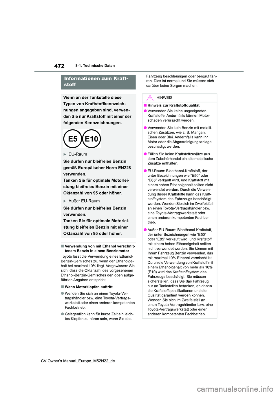 TOYOTA YARIS CROSS 2022 Betriebsanleitungen (in German) 472
CV Owner's Manual_Europe_M52N22_de
8-1. Technische Daten
■Verwendung von mit Ethanol verschnit- tenem Benzin in einem Benzinmotor
Toyota lässt die Verwendung eines Ethanol-
Benzin-Gemisch TOYOTA YARIS CROSS 2022 Betriebsanleitungen (in German) 472
CV Owner's Manual_Europe_M52N22_de
8-1. Technische Daten
■Verwendung von mit Ethanol verschnit- tenem Benzin in einem Benzinmotor
Toyota lässt die Verwendung eines Ethanol-
Benzin-Gemisch