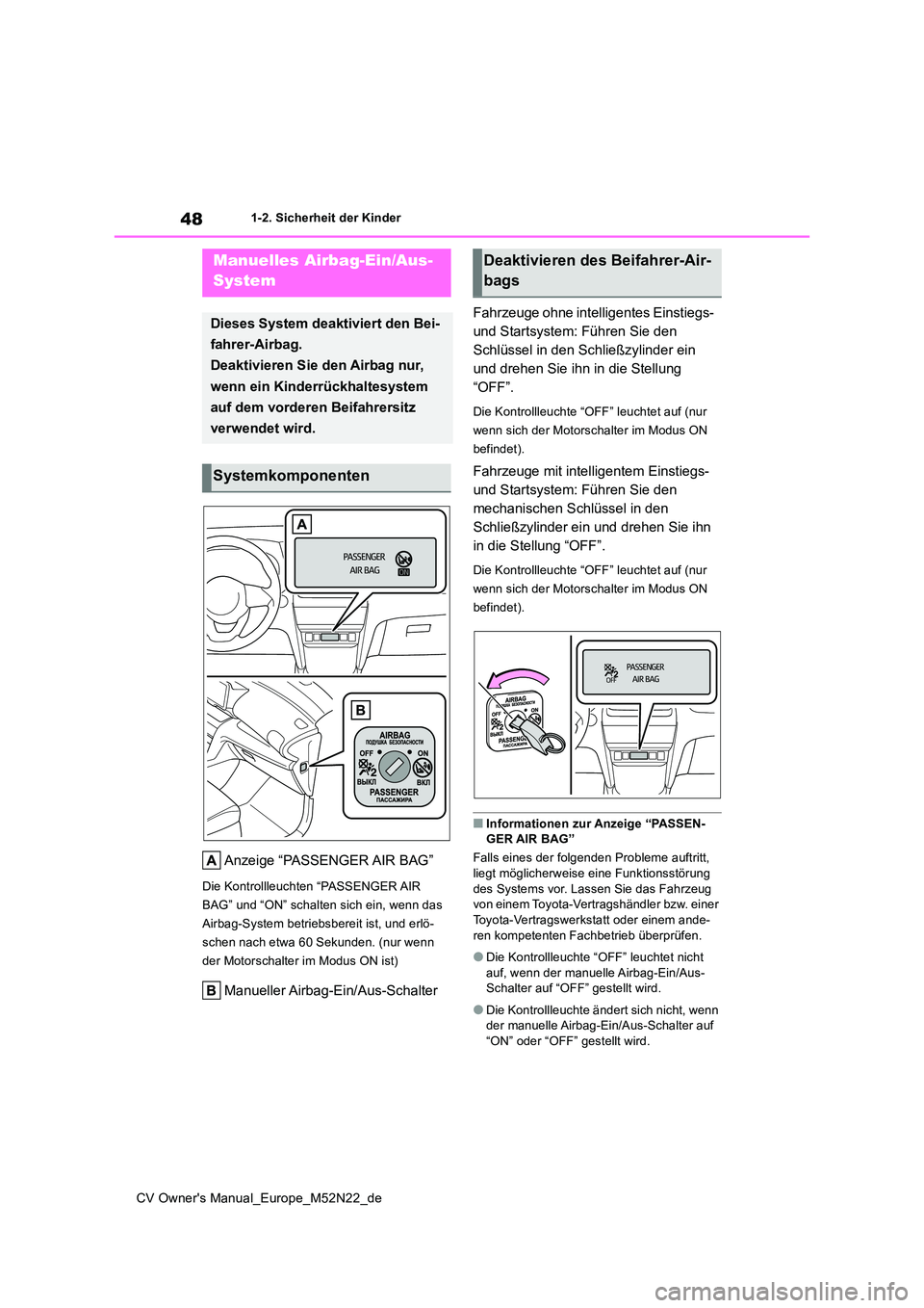 TOYOTA YARIS CROSS 2022  Betriebsanleitungen (in German) 48
CV Owner's Manual_Europe_M52N22_de
1-2. Sicherheit der Kinder
1-2.Sicherheit der Kind er
Anzeige “PASSENGER AIR BAG”
Die Kontrollleuchten “PASSENGER AIR  
BAG” und “ON” schalten sic