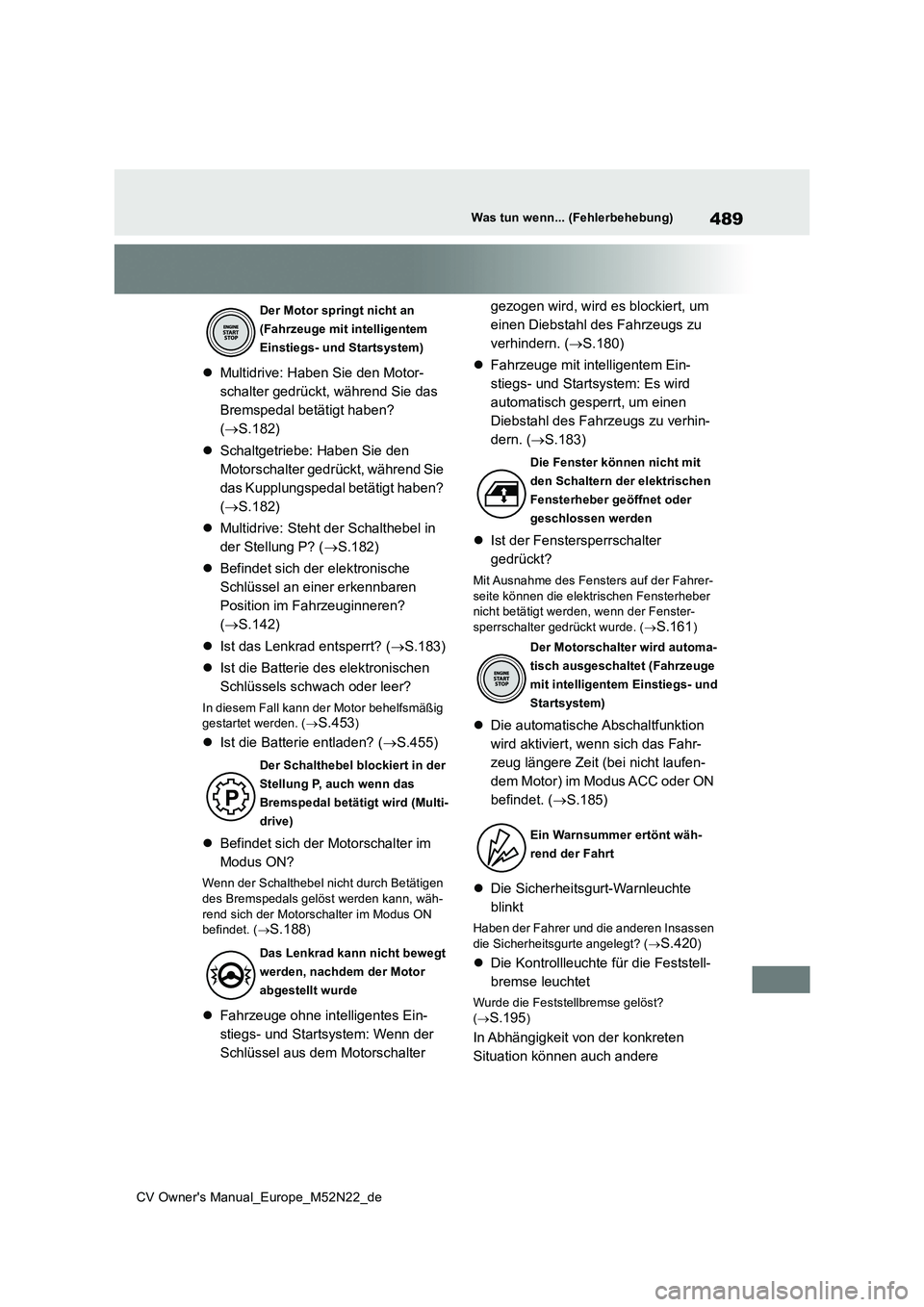TOYOTA YARIS CROSS 2022 Betriebsanleitungen (in German) 489
CV Owner's Manual_Europe_M52N22_de
Was tun wenn... (Fehlerbehebung)
Multidrive: Haben Sie den Motor-
schalter gedrückt, während Sie das
Bremspedal betätigt haben?
( S.182)
Sch TOYOTA YARIS CROSS 2022 Betriebsanleitungen (in German) 489
CV Owner's Manual_Europe_M52N22_de
Was tun wenn... (Fehlerbehebung)
Multidrive: Haben Sie den Motor-
schalter gedrückt, während Sie das
Bremspedal betätigt haben?
( S.182)
Sch