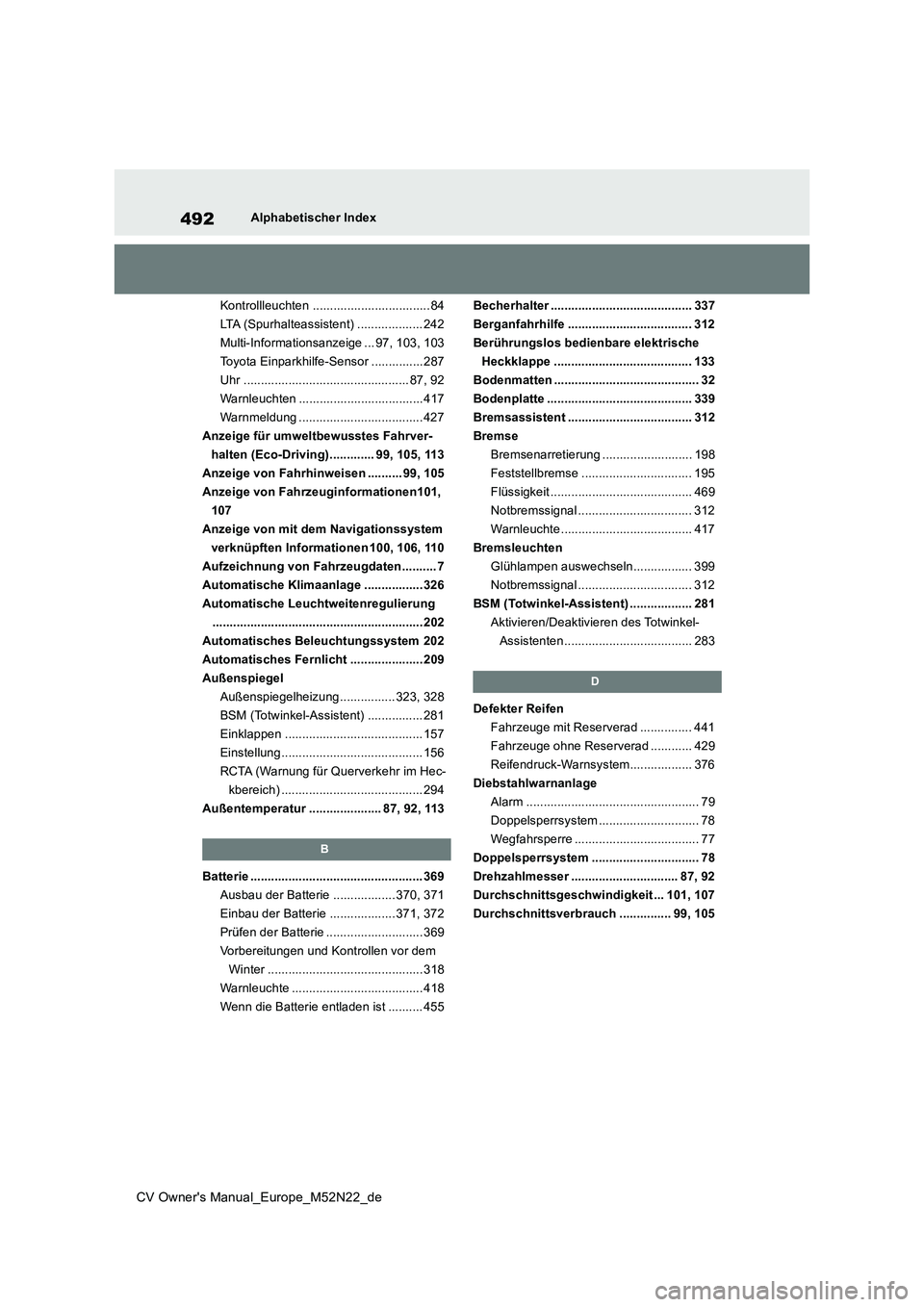 TOYOTA YARIS CROSS 2022 Betriebsanleitungen (in German) 492
CV Owner's Manual_Europe_M52N22_de
Alphabetischer Index
Kontrollleuchten ..................................84
LTA (Spurhalteassistent) ................... 242
Multi-Informationsanzeige ... 9 TOYOTA YARIS CROSS 2022 Betriebsanleitungen (in German) 492
CV Owner's Manual_Europe_M52N22_de
Alphabetischer Index
Kontrollleuchten ..................................84
LTA (Spurhalteassistent) ................... 242
Multi-Informationsanzeige ... 9