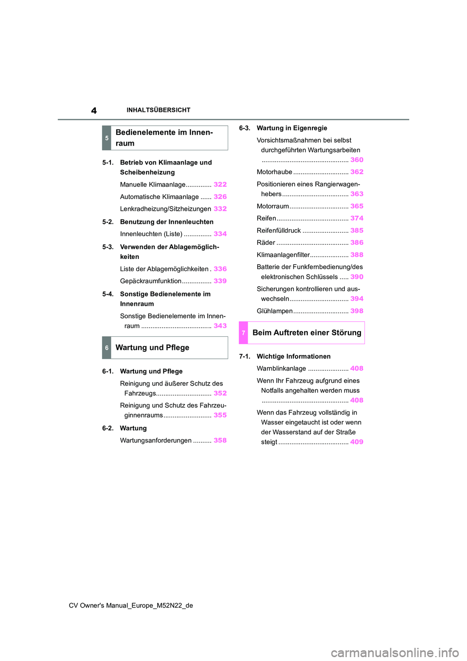 TOYOTA YARIS CROSS 2022 Betriebsanleitungen (in German) 4
CV Owner's Manual_Europe_M52N22_de
INHALTSÜBERSICHT
5-1. Betrieb von Klimaanlage und
Scheibenheizung
Manuelle Klimaanlage.............. 322
Automatische Klimaanlage ...... 326
Lenkradheizu TOYOTA YARIS CROSS 2022 Betriebsanleitungen (in German) 4
CV Owner's Manual_Europe_M52N22_de
INHALTSÜBERSICHT
5-1. Betrieb von Klimaanlage und
Scheibenheizung
Manuelle Klimaanlage.............. 322
Automatische Klimaanlage ...... 326
Lenkradheizu