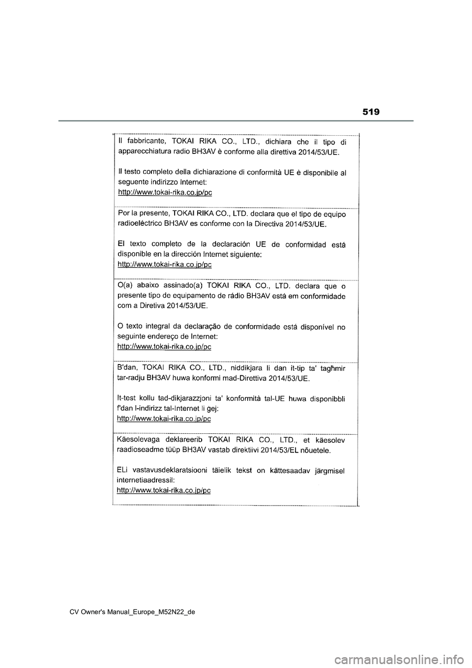 TOYOTA YARIS CROSS 2022 Betriebsanleitungen (in German) 519
CV Owner's Manual_Europe_M52N22_de TOYOTA YARIS CROSS 2022 Betriebsanleitungen (in German) 519
CV Owner's Manual_Europe_M52N22_de