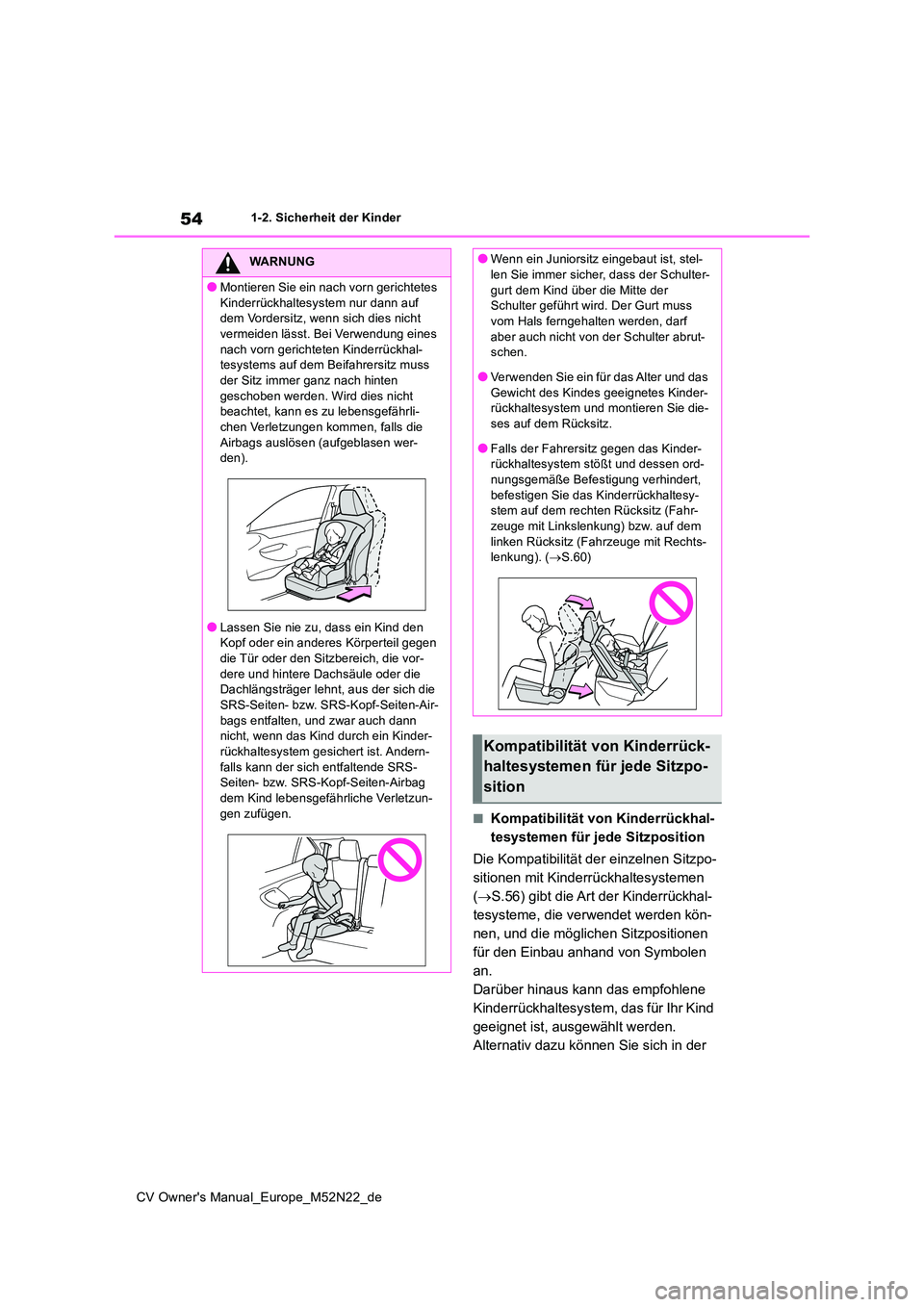 TOYOTA YARIS CROSS 2022  Betriebsanleitungen (in German) 54
CV Owner's Manual_Europe_M52N22_de
1-2. Sicherheit der Kinder
■Kompatibilität von Kinderrückhal- 
tesystemen für jede Sitzposition 
Die Kompatibilität der einzelnen Sitzpo- 
sitionen mit 