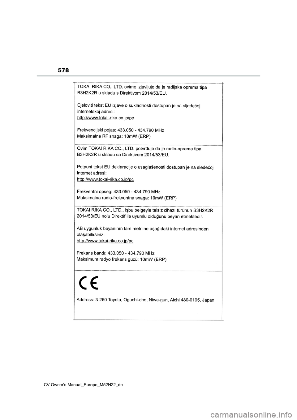 TOYOTA YARIS CROSS 2022 Betriebsanleitungen (in German) 578
CV Owner's Manual_Europe_M52N22_de TOYOTA YARIS CROSS 2022 Betriebsanleitungen (in German) 578
CV Owner's Manual_Europe_M52N22_de