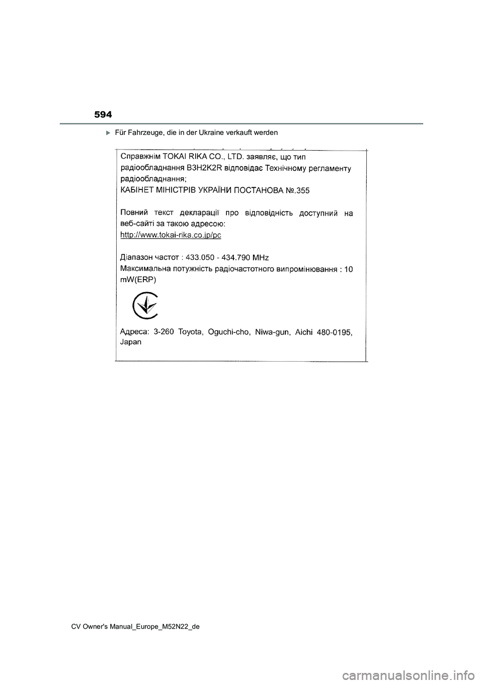 TOYOTA YARIS CROSS 2022 Betriebsanleitungen (in German) 594
CV Owner's Manual_Europe_M52N22_de
Für Fahrzeuge, die in der Ukraine verkauft werden TOYOTA YARIS CROSS 2022 Betriebsanleitungen (in German) 594
CV Owner's Manual_Europe_M52N22_de
Für Fahrzeuge, die in der Ukraine verkauft werden