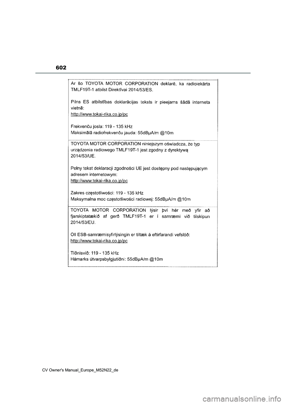 TOYOTA YARIS CROSS 2022  Betriebsanleitungen (in German) 602
CV Owner's Manual_Europe_M52N22_de 