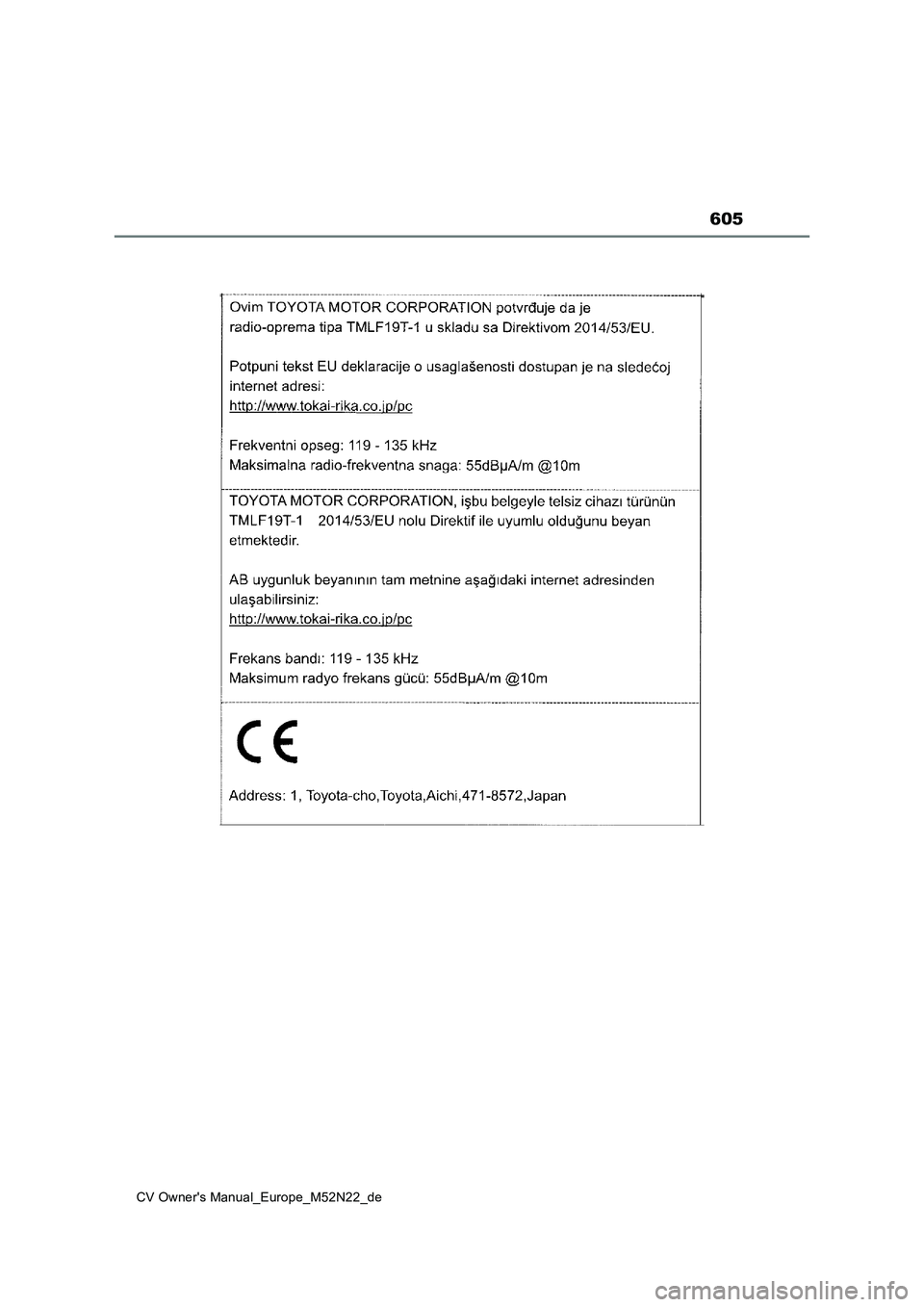 TOYOTA YARIS CROSS 2022  Betriebsanleitungen (in German) 605
CV Owner's Manual_Europe_M52N22_de 