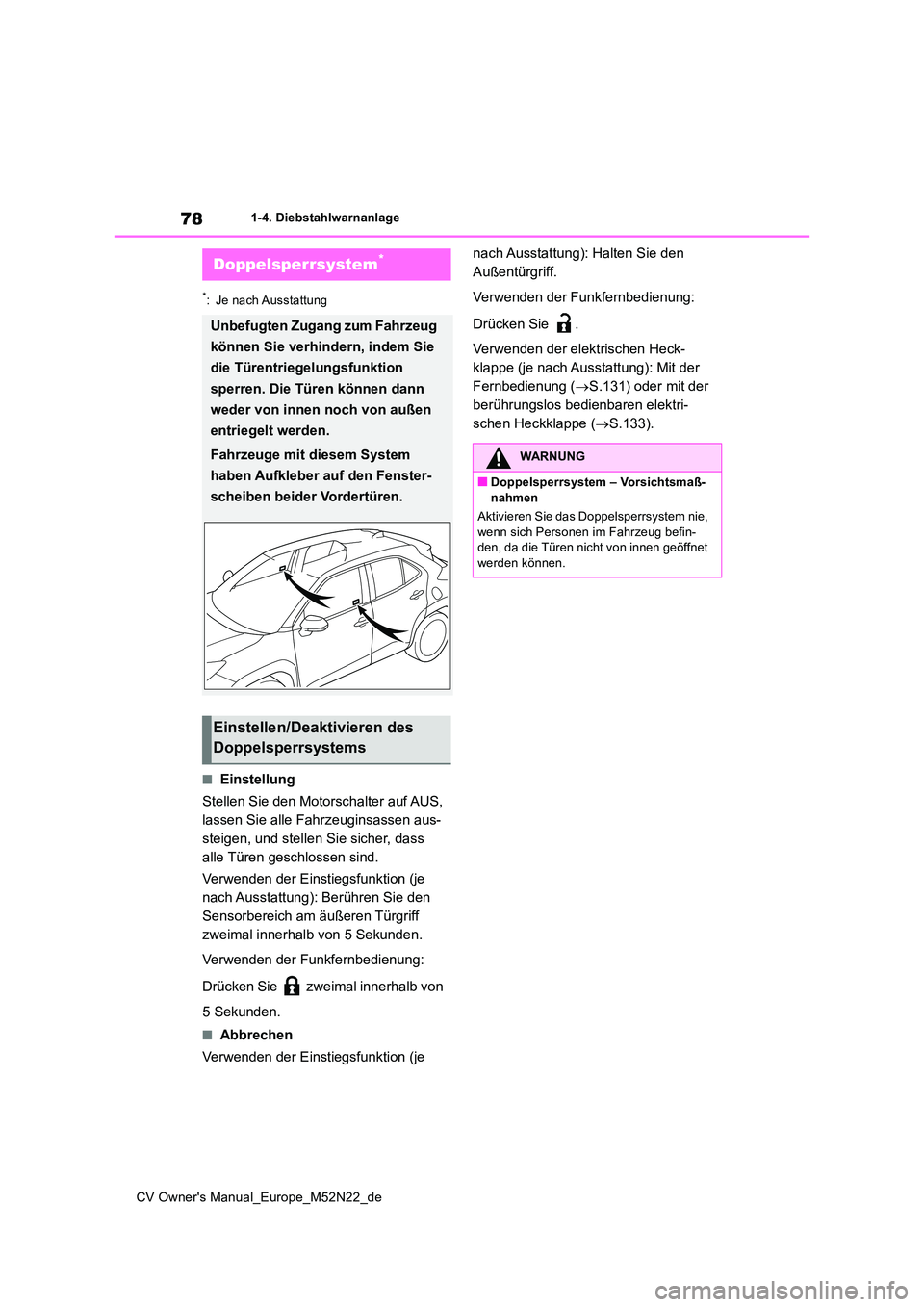 TOYOTA YARIS CROSS 2022 Betriebsanleitungen (in German) 78
CV Owner's Manual_Europe_M52N22_de
1-4. Diebstahlwarnanlage
*: Je nach Ausstattung
■Einstellung
Stellen Sie den Motorschalter auf AUS,
lassen Sie alle Fahrzeuginsassen aus-
steigen, und st TOYOTA YARIS CROSS 2022 Betriebsanleitungen (in German) 78
CV Owner's Manual_Europe_M52N22_de
1-4. Diebstahlwarnanlage
*: Je nach Ausstattung
■Einstellung
Stellen Sie den Motorschalter auf AUS,
lassen Sie alle Fahrzeuginsassen aus-
steigen, und st