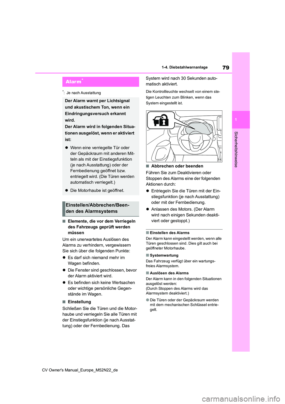 TOYOTA YARIS CROSS 2022 Betriebsanleitungen (in German) 79
1
CV Owner's Manual_Europe_M52N22_de
1-4. Diebstahlwarnanlage
Sicherheitshinweise
*: Je nach Ausstattung
■Elemente, die vor dem Verriegeln
des Fahrzeugs geprüft werden
müssen
Um ein une TOYOTA YARIS CROSS 2022 Betriebsanleitungen (in German) 79
1
CV Owner's Manual_Europe_M52N22_de
1-4. Diebstahlwarnanlage
Sicherheitshinweise
*: Je nach Ausstattung
■Elemente, die vor dem Verriegeln
des Fahrzeugs geprüft werden
müssen
Um ein une