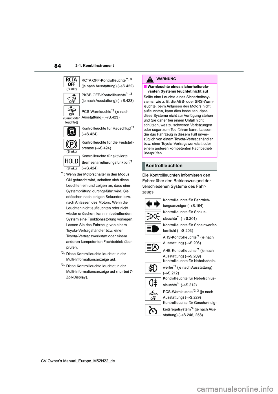 TOYOTA YARIS CROSS 2022 Betriebsanleitungen (in German) 84
CV Owner's Manual_Europe_M52N22_de
2-1. Kombiinstrument
*1: Wenn der Motorschalter in den Modus
ON gebracht wird, schalten sich diese
Leuchten ein und zeigen an, dass eine
Systemprüfung du TOYOTA YARIS CROSS 2022 Betriebsanleitungen (in German) 84
CV Owner's Manual_Europe_M52N22_de
2-1. Kombiinstrument
*1: Wenn der Motorschalter in den Modus
ON gebracht wird, schalten sich diese
Leuchten ein und zeigen an, dass eine
Systemprüfung du