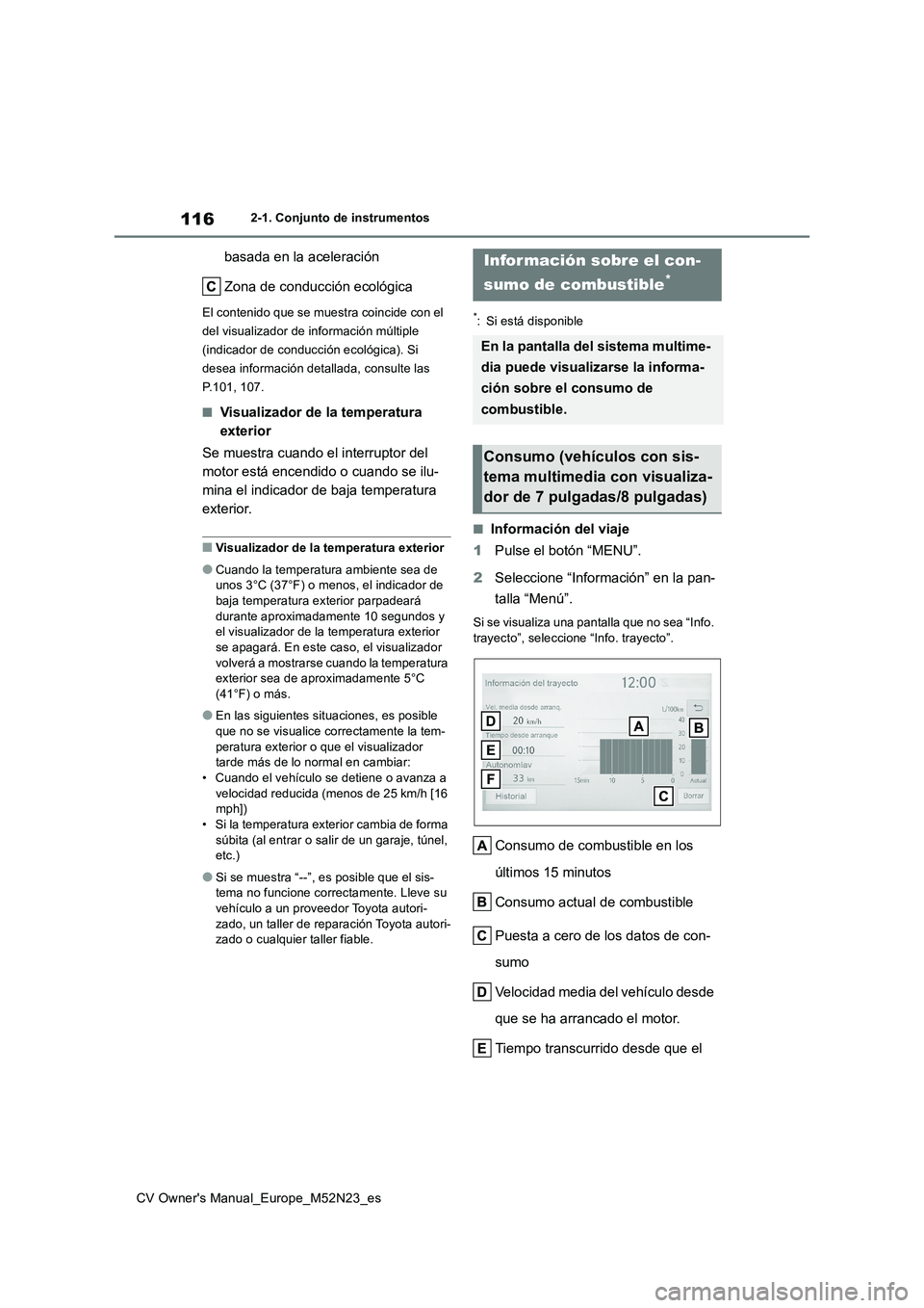 TOYOTA YARIS CROSS 2022  Manual del propietario (in Spanish) 116
CV Owner's Manual_Europe_M52N23_es
2-1. Conjunto de instrumentos
basada en la aceleración 
Zona de conducción ecológica
El contenido que se muestra coincide con el  
del visualizador de inf