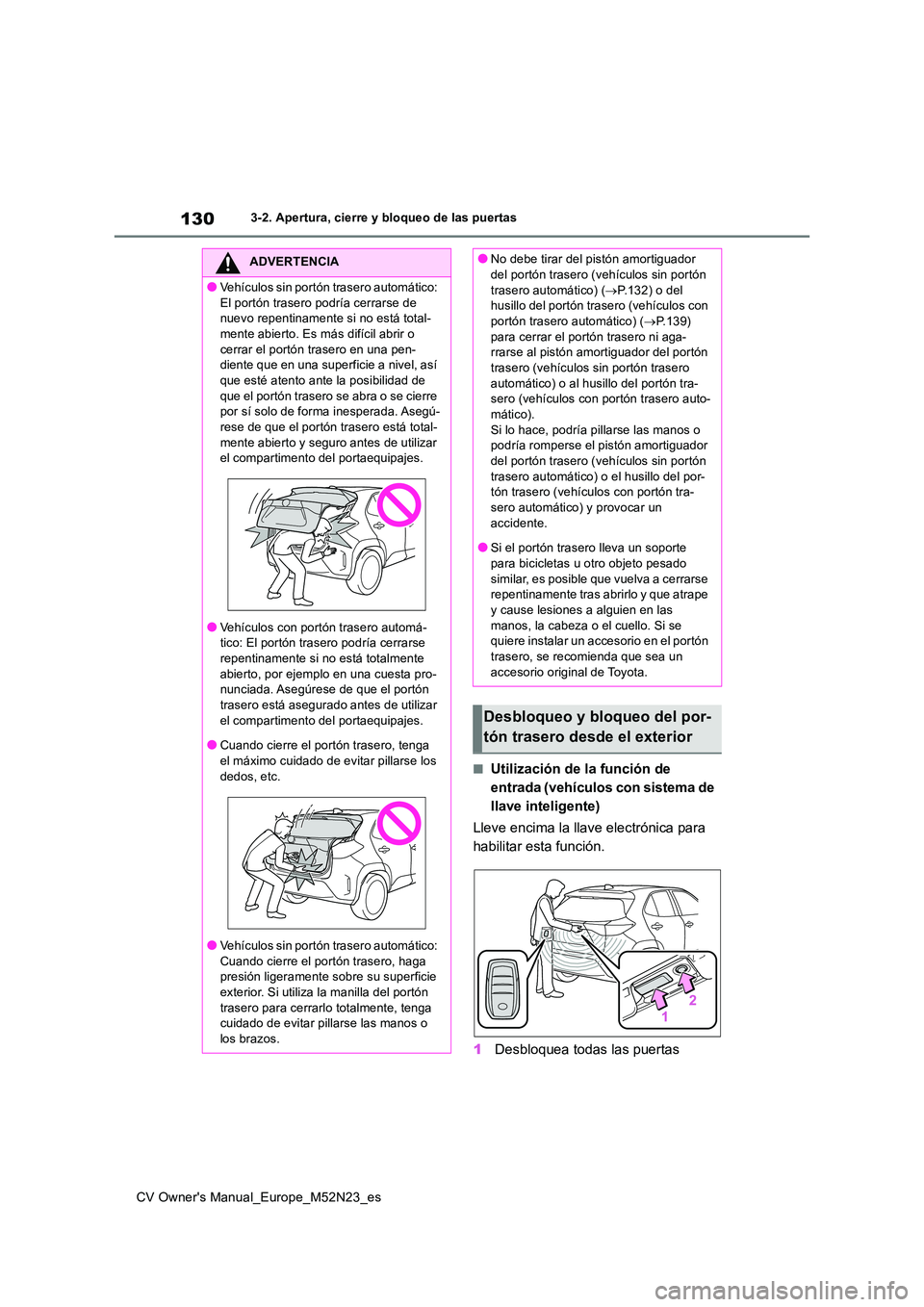 TOYOTA YARIS CROSS 2022  Manual del propietario (in Spanish) 130
CV Owner's Manual_Europe_M52N23_es
3-2. Apertura, cierre y bloqueo de las puertas
■Utilización de la función de  
entrada (vehículos con sistema de 
llave inteligente) 
Lleve encima la ll