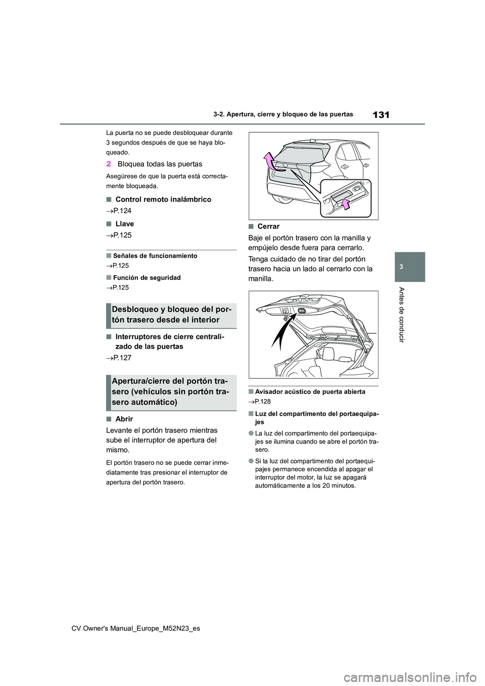 TOYOTA YARIS CROSS 2022  Manual del propietario (in Spanish) 131
3
CV Owner's Manual_Europe_M52N23_es
3-2. Apertura, cierre y bloqueo de las puertas
Antes de conducir
La puerta no se puede desbloquear durante  
3 segundos después de que se haya blo-
queado