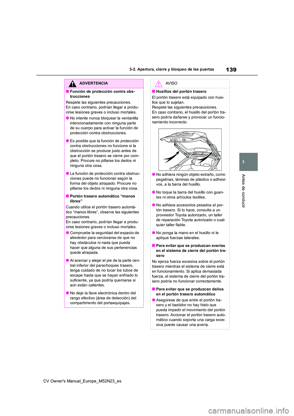 TOYOTA YARIS CROSS 2022  Manual del propietario (in Spanish) 139
3
CV Owner's Manual_Europe_M52N23_es
3-2. Apertura, cierre y bloqueo de las puertas
Antes de conducir
ADVERTENCIA
■Función de protección contra obs- 
trucciones 
Respete las siguientes pre