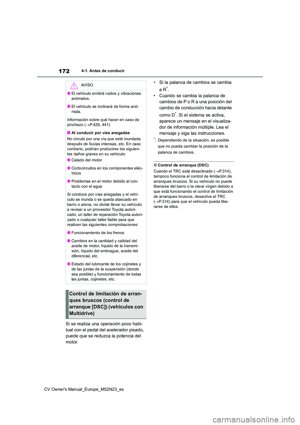 TOYOTA YARIS CROSS 2022 Manual del propietario (in Spanish) 172
CV Owner's Manual_Europe_M52N23_es
4-1. Antes de conducir
Si se realiza una operación poco habi-
tual con el pedal del acelerador pisado,
puede que se reduzca la potencia del
motor.
• S TOYOTA YARIS CROSS 2022 Manual del propietario (in Spanish) 172
CV Owner's Manual_Europe_M52N23_es
4-1. Antes de conducir
Si se realiza una operación poco habi-
tual con el pedal del acelerador pisado,
puede que se reduzca la potencia del
motor.
• S