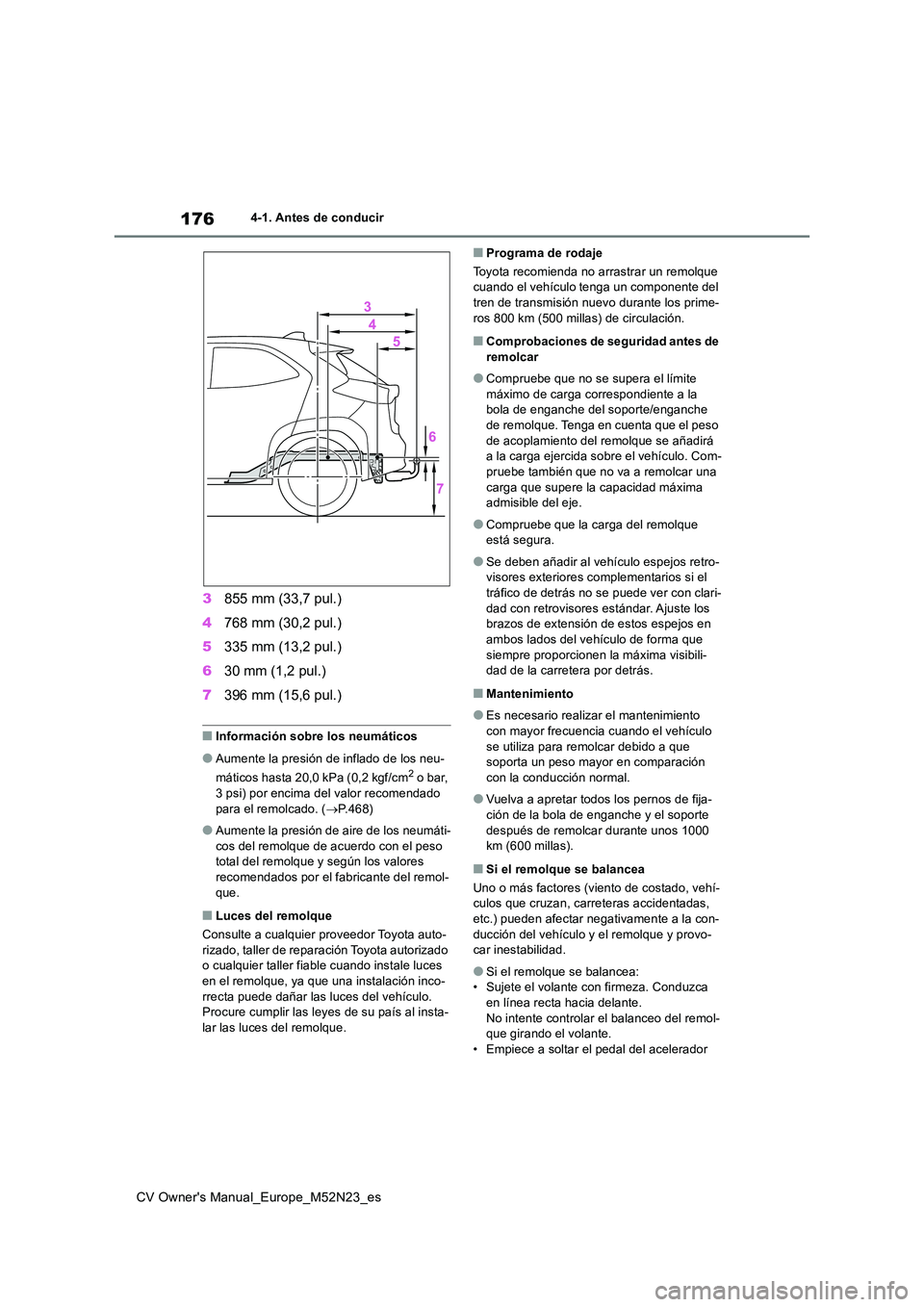 TOYOTA YARIS CROSS 2022 Manual del propietario (in Spanish) 176
CV Owner's Manual_Europe_M52N23_es
4-1. Antes de conducir
3855 mm (33,7 pul.)
4 768 mm (30,2 pul.)
5 335 mm (13,2 pul.)
6 30 mm (1,2 pul.)
7 396 mm (15,6 pul.)
■Información sobre los ne TOYOTA YARIS CROSS 2022 Manual del propietario (in Spanish) 176
CV Owner's Manual_Europe_M52N23_es
4-1. Antes de conducir
3855 mm (33,7 pul.)
4 768 mm (30,2 pul.)
5 335 mm (13,2 pul.)
6 30 mm (1,2 pul.)
7 396 mm (15,6 pul.)
■Información sobre los ne