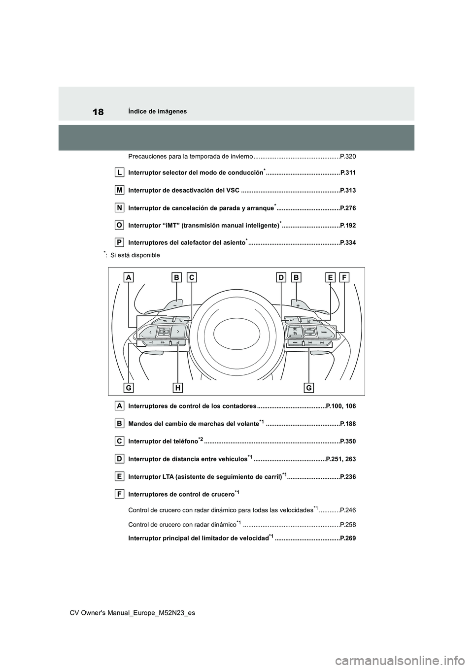 TOYOTA YARIS CROSS 2022 Manual del propietario (in Spanish) 18
CV Owner's Manual_Europe_M52N23_es
Índice de imágenes
Precauciones para la temporada de invierno ..................... ............................P.320
Interruptor selector del modo de con TOYOTA YARIS CROSS 2022 Manual del propietario (in Spanish) 18
CV Owner's Manual_Europe_M52N23_es
Índice de imágenes
Precauciones para la temporada de invierno ..................... ............................P.320
Interruptor selector del modo de con