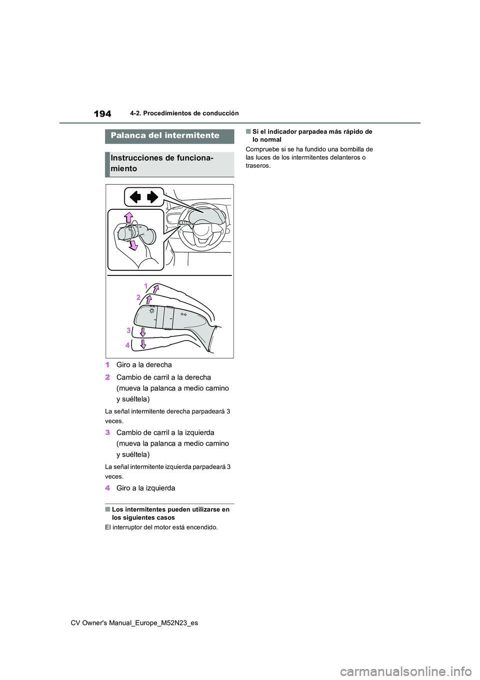 TOYOTA YARIS CROSS 2022 Manual del propietario (in Spanish) 194
CV Owner's Manual_Europe_M52N23_es
4-2. Procedimientos de conducción
1Giro a la derecha
2 Cambio de carril a la derecha
(mueva la palanca a medio camino
y suéltela)
La señal intermiten TOYOTA YARIS CROSS 2022 Manual del propietario (in Spanish) 194
CV Owner's Manual_Europe_M52N23_es
4-2. Procedimientos de conducción
1Giro a la derecha
2 Cambio de carril a la derecha
(mueva la palanca a medio camino
y suéltela)
La señal intermiten