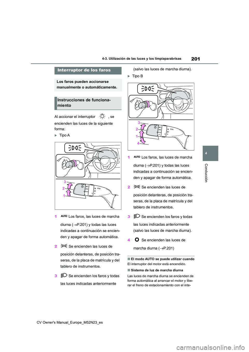 TOYOTA YARIS CROSS 2022 Manual del propietario (in Spanish) 201
4
CV Owner's Manual_Europe_M52N23_es
4-3. Utilización de las luces y los limpiaparabrisas
Conducción
4-3.Utilización de las luces y los limpiaparabrisas
Al accionar el interruptor , se
e TOYOTA YARIS CROSS 2022 Manual del propietario (in Spanish) 201
4
CV Owner's Manual_Europe_M52N23_es
4-3. Utilización de las luces y los limpiaparabrisas
Conducción
4-3.Utilización de las luces y los limpiaparabrisas
Al accionar el interruptor , se
e