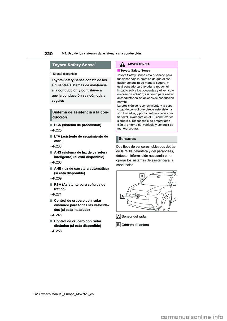 TOYOTA YARIS CROSS 2022 Manual del propietario (in Spanish) 220
CV Owner's Manual_Europe_M52N23_es
4-5. Uso de los sistemas de asistencia a la conducción
4-5.Uso de los siste ma s de asistencia a la c onduc ció n
*: Si está disponible
■PCS (sistema d TOYOTA YARIS CROSS 2022 Manual del propietario (in Spanish) 220
CV Owner's Manual_Europe_M52N23_es
4-5. Uso de los sistemas de asistencia a la conducción
4-5.Uso de los siste ma s de asistencia a la c onduc ció n
*: Si está disponible
■PCS (sistema d