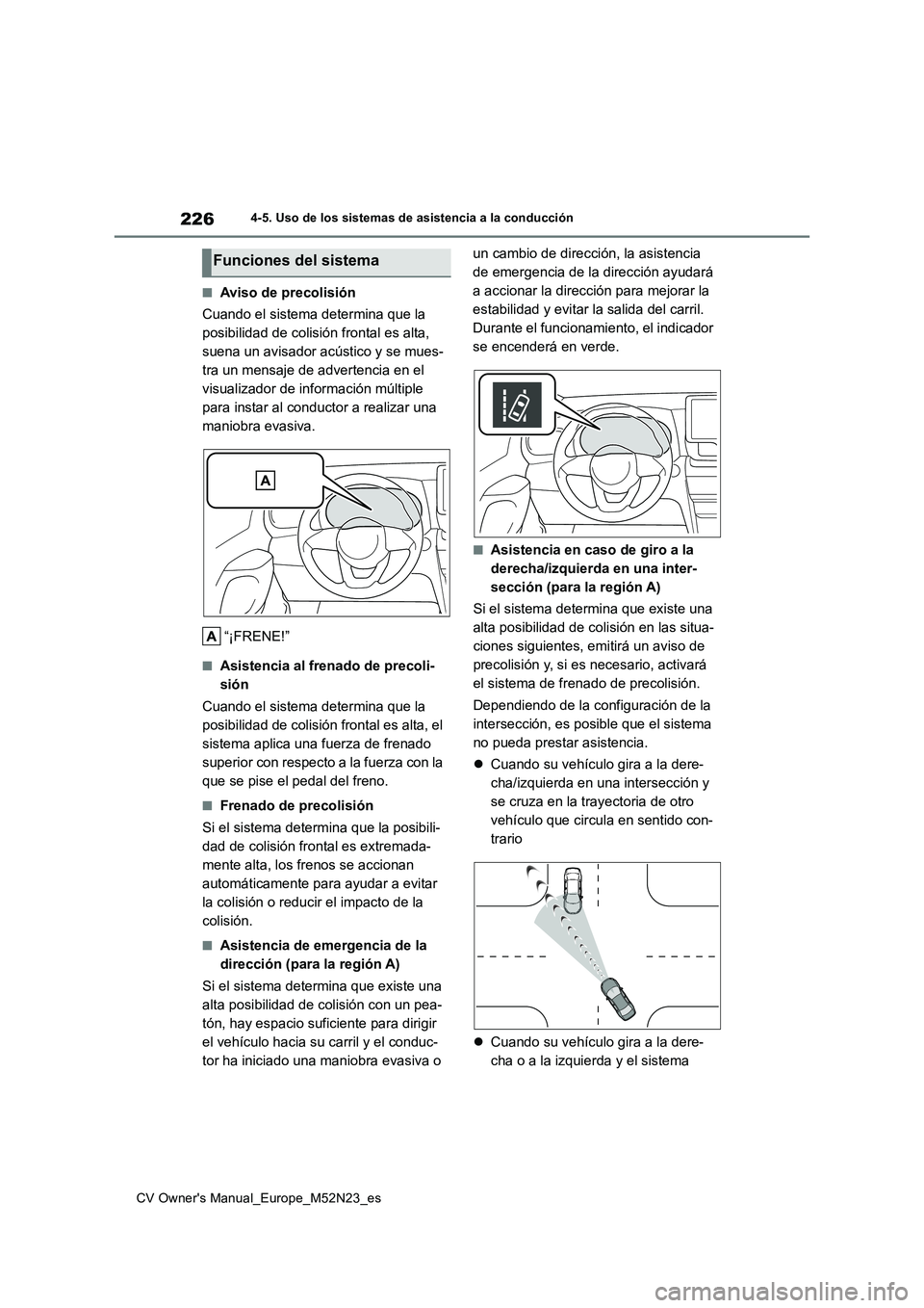 TOYOTA YARIS CROSS 2022 Manual del propietario (in Spanish) 226
CV Owner's Manual_Europe_M52N23_es
4-5. Uso de los sistemas de asistencia a la conducción
■Aviso de precolisión
Cuando el sistema determina que la
posibilidad de colisión frontal es al TOYOTA YARIS CROSS 2022 Manual del propietario (in Spanish) 226
CV Owner's Manual_Europe_M52N23_es
4-5. Uso de los sistemas de asistencia a la conducción
■Aviso de precolisión
Cuando el sistema determina que la
posibilidad de colisión frontal es al