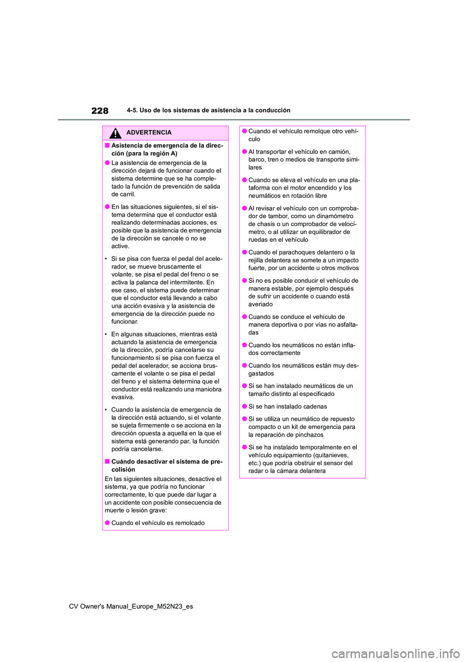 TOYOTA YARIS CROSS 2022 Manual del propietario (in Spanish) 228
CV Owner's Manual_Europe_M52N23_es
4-5. Uso de los sistemas de asistencia a la conducción
ADVERTENCIA
■Asistencia de emergencia de la direc-
ción (para la región A)
●La asistencia de e TOYOTA YARIS CROSS 2022 Manual del propietario (in Spanish) 228
CV Owner's Manual_Europe_M52N23_es
4-5. Uso de los sistemas de asistencia a la conducción
ADVERTENCIA
■Asistencia de emergencia de la direc-
ción (para la región A)
●La asistencia de e