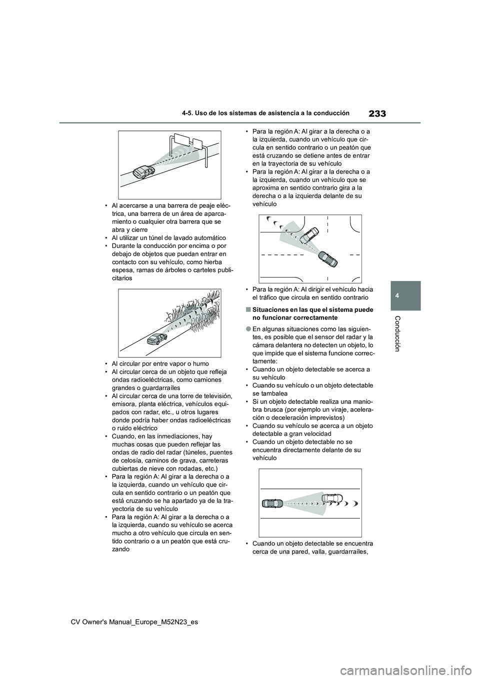 TOYOTA YARIS CROSS 2022 Manual del propietario (in Spanish) 233
4
CV Owner's Manual_Europe_M52N23_es
4-5. Uso de los sistemas de asistencia a la conducción
Conducción
• Al acercarse a una barrera de peaje eléc- trica, una barrera de un área de aparca TOYOTA YARIS CROSS 2022 Manual del propietario (in Spanish) 233
4
CV Owner's Manual_Europe_M52N23_es
4-5. Uso de los sistemas de asistencia a la conducción
Conducción
• Al acercarse a una barrera de peaje eléc- trica, una barrera de un área de aparca