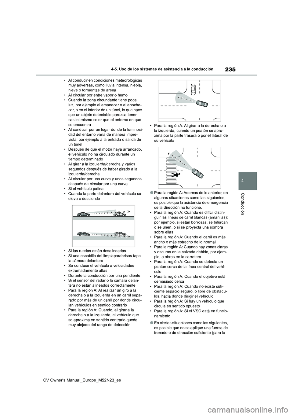 TOYOTA YARIS CROSS 2022 Manual del propietario (in Spanish) 235
4
CV Owner's Manual_Europe_M52N23_es
4-5. Uso de los sistemas de asistencia a la conducción
Conducción
• Al conducir en condiciones meteorológicas muy adversas, como lluvia intensa, nieb TOYOTA YARIS CROSS 2022 Manual del propietario (in Spanish) 235
4
CV Owner's Manual_Europe_M52N23_es
4-5. Uso de los sistemas de asistencia a la conducción
Conducción
• Al conducir en condiciones meteorológicas muy adversas, como lluvia intensa, nieb