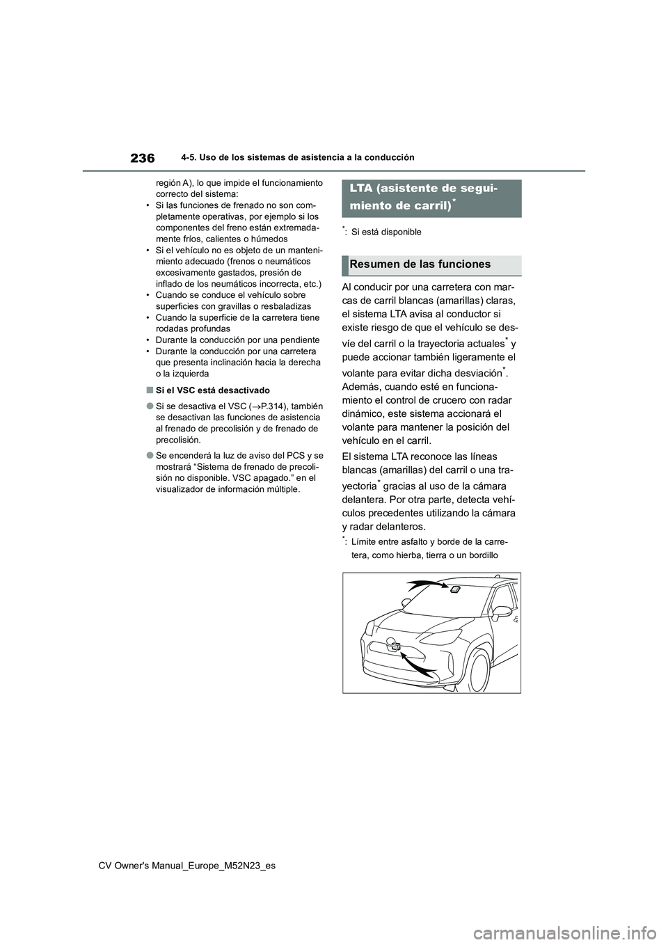 TOYOTA YARIS CROSS 2022 Manual del propietario (in Spanish) 236
CV Owner's Manual_Europe_M52N23_es
4-5. Uso de los sistemas de asistencia a la conducción
región A), lo que impide el funcionamiento correcto del sistema:• Si las funciones de frenado no TOYOTA YARIS CROSS 2022 Manual del propietario (in Spanish) 236
CV Owner's Manual_Europe_M52N23_es
4-5. Uso de los sistemas de asistencia a la conducción
región A), lo que impide el funcionamiento correcto del sistema:• Si las funciones de frenado no