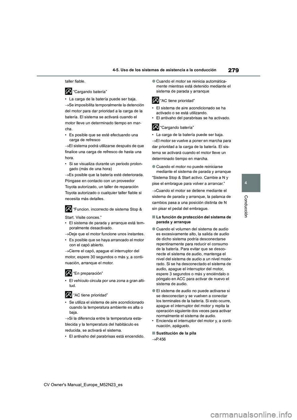 TOYOTA YARIS CROSS 2022 Manual del propietario (in Spanish) 279
4
CV Owner's Manual_Europe_M52N23_es
4-5. Uso de los sistemas de asistencia a la conducción
Conducción
taller fiable.
“Cargando batería”
• La carga de la batería puede ser baja.
TOYOTA YARIS CROSS 2022 Manual del propietario (in Spanish) 279
4
CV Owner's Manual_Europe_M52N23_es
4-5. Uso de los sistemas de asistencia a la conducción
Conducción
taller fiable.
“Cargando batería”
• La carga de la batería puede ser baja.
