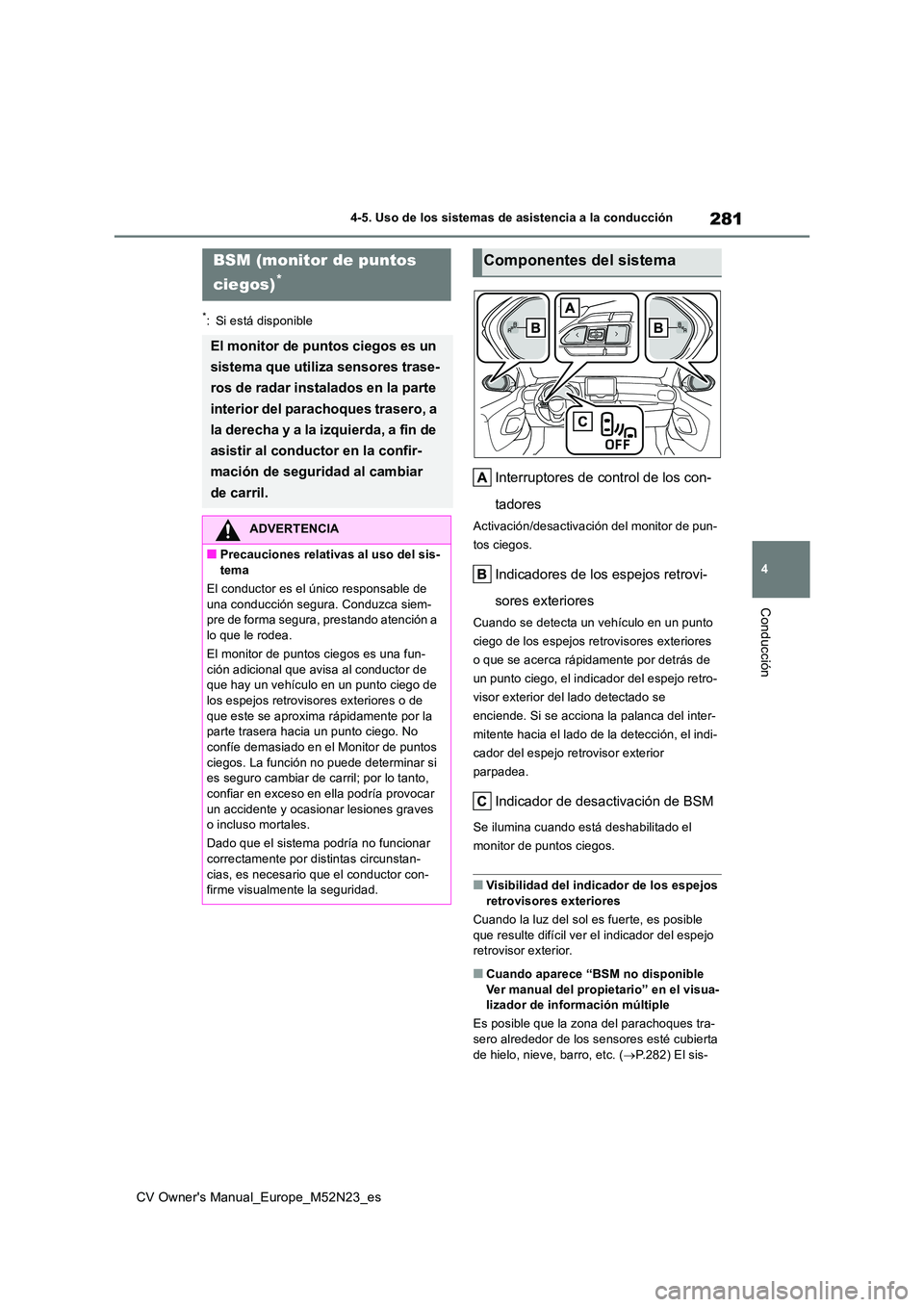 TOYOTA YARIS CROSS 2022 Manual del propietario (in Spanish) 281
4
CV Owner's Manual_Europe_M52N23_es
4-5. Uso de los sistemas de asistencia a la conducción
Conducción
*: Si está disponible
Interruptores de control de los con-
tadores
Activación/desact TOYOTA YARIS CROSS 2022 Manual del propietario (in Spanish) 281
4
CV Owner's Manual_Europe_M52N23_es
4-5. Uso de los sistemas de asistencia a la conducción
Conducción
*: Si está disponible
Interruptores de control de los con-
tadores
Activación/desact