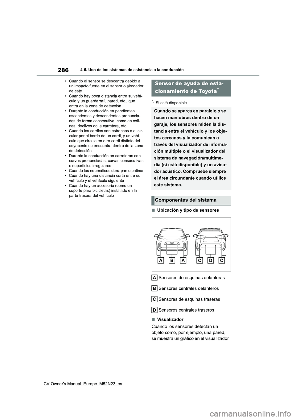 TOYOTA YARIS CROSS 2022 Manual del propietario (in Spanish) 286
CV Owner's Manual_Europe_M52N23_es
4-5. Uso de los sistemas de asistencia a la conducción
• Cuando el sensor se descentra debido a un impacto fuerte en el sensor o alrededor de este
• TOYOTA YARIS CROSS 2022 Manual del propietario (in Spanish) 286
CV Owner's Manual_Europe_M52N23_es
4-5. Uso de los sistemas de asistencia a la conducción
• Cuando el sensor se descentra debido a un impacto fuerte en el sensor o alrededor de este
•