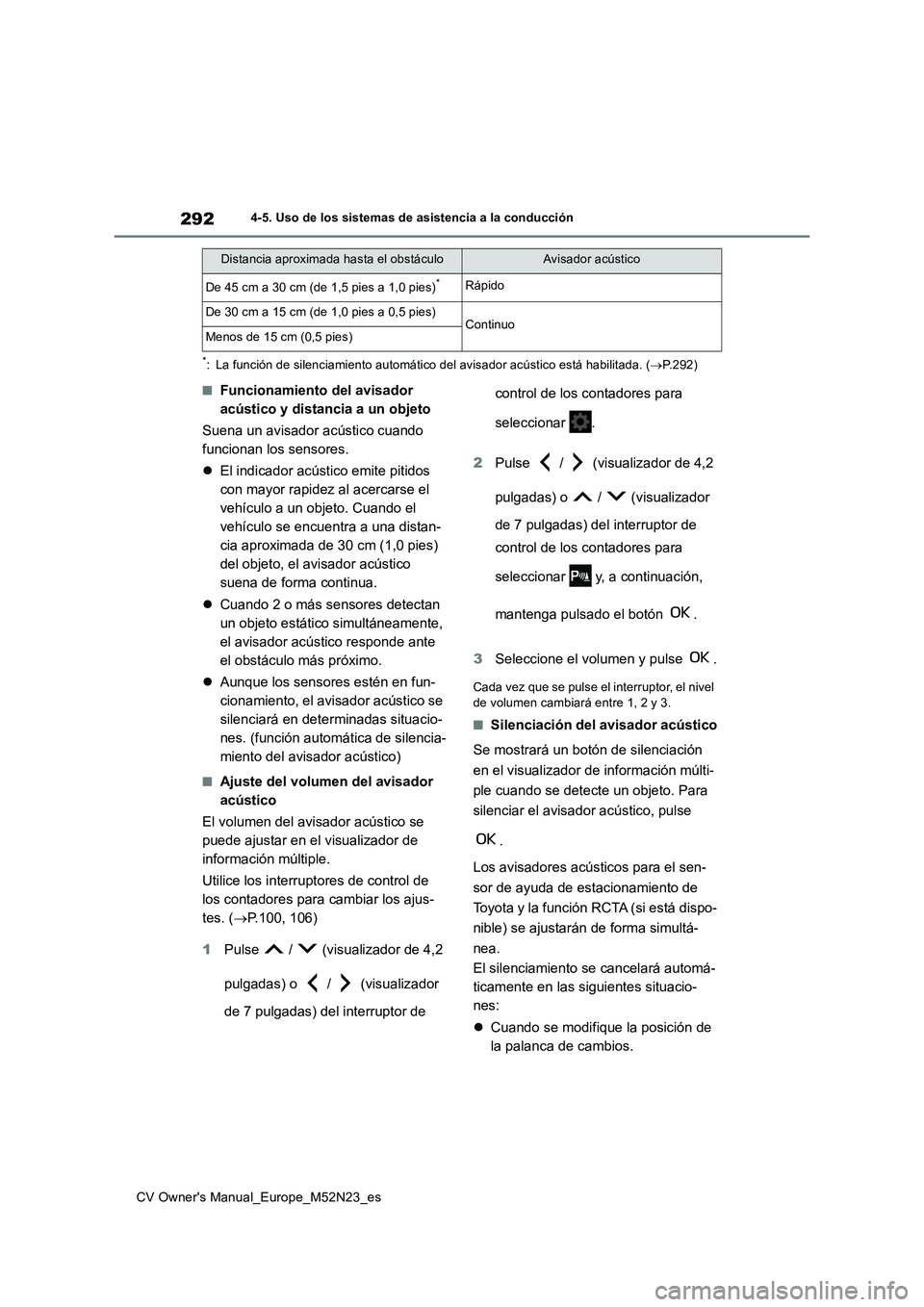 TOYOTA YARIS CROSS 2022  Manual del propietario (in Spanish) 292
CV Owner's Manual_Europe_M52N23_es
4-5. Uso de los sistemas de asistencia a la conducción
*: La función de silenciamiento automático del avisador acústico está habilitada. (P.292)
■F