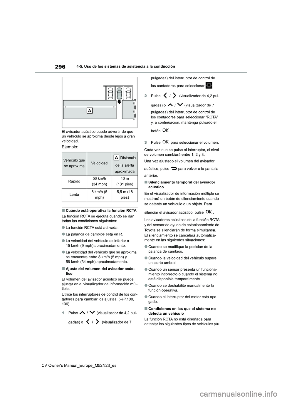 TOYOTA YARIS CROSS 2022  Manual del propietario (in Spanish) 296
CV Owner's Manual_Europe_M52N23_es
4-5. Uso de los sistemas de asistencia a la conducción 
El avisador acústico puede advertir de que  un vehículo se aproxima desde lejos a gran velocidad.
