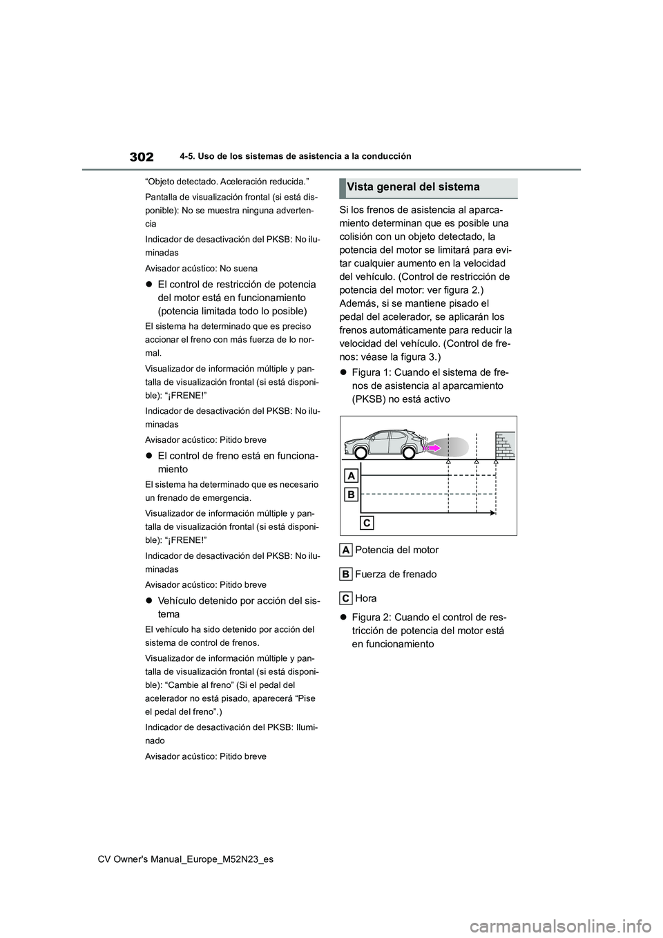 TOYOTA YARIS CROSS 2022  Manual del propietario (in Spanish) 302
CV Owner's Manual_Europe_M52N23_es
4-5. Uso de los sistemas de asistencia a la conducción 
“Objeto detectado. Aceleración reducida.” 
Pantalla de visualización frontal (si está dis- 
p