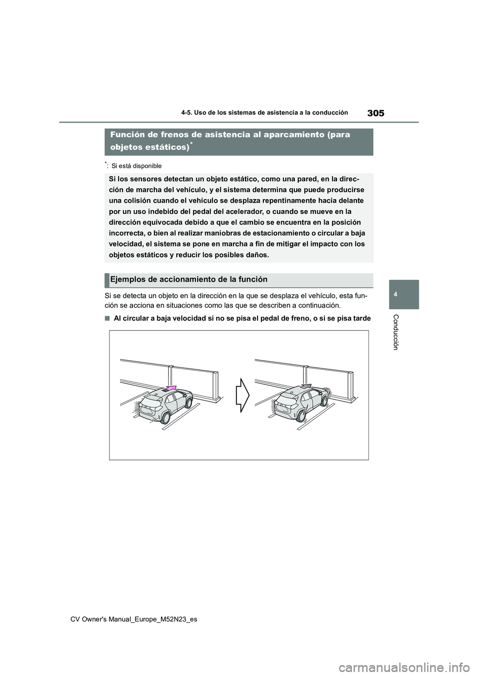 TOYOTA YARIS CROSS 2022  Manual del propietario (in Spanish) 305
4
CV Owner's Manual_Europe_M52N23_es
4-5. Uso de los sistemas de asistencia a la conducción
Conducción
*: Si está disponible
Si se detecta un objeto en la dirección en la que se desplaza e